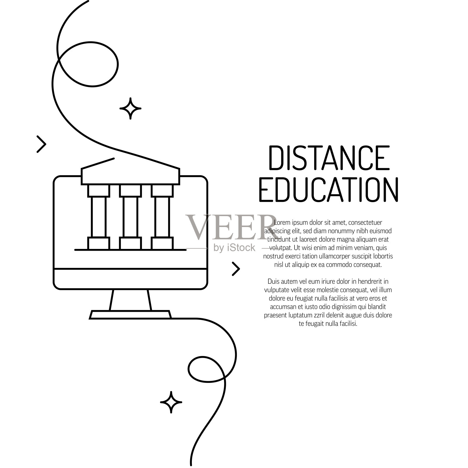 远程教育图标的连续线条绘制。手绘符号矢量插图。插画图片素材