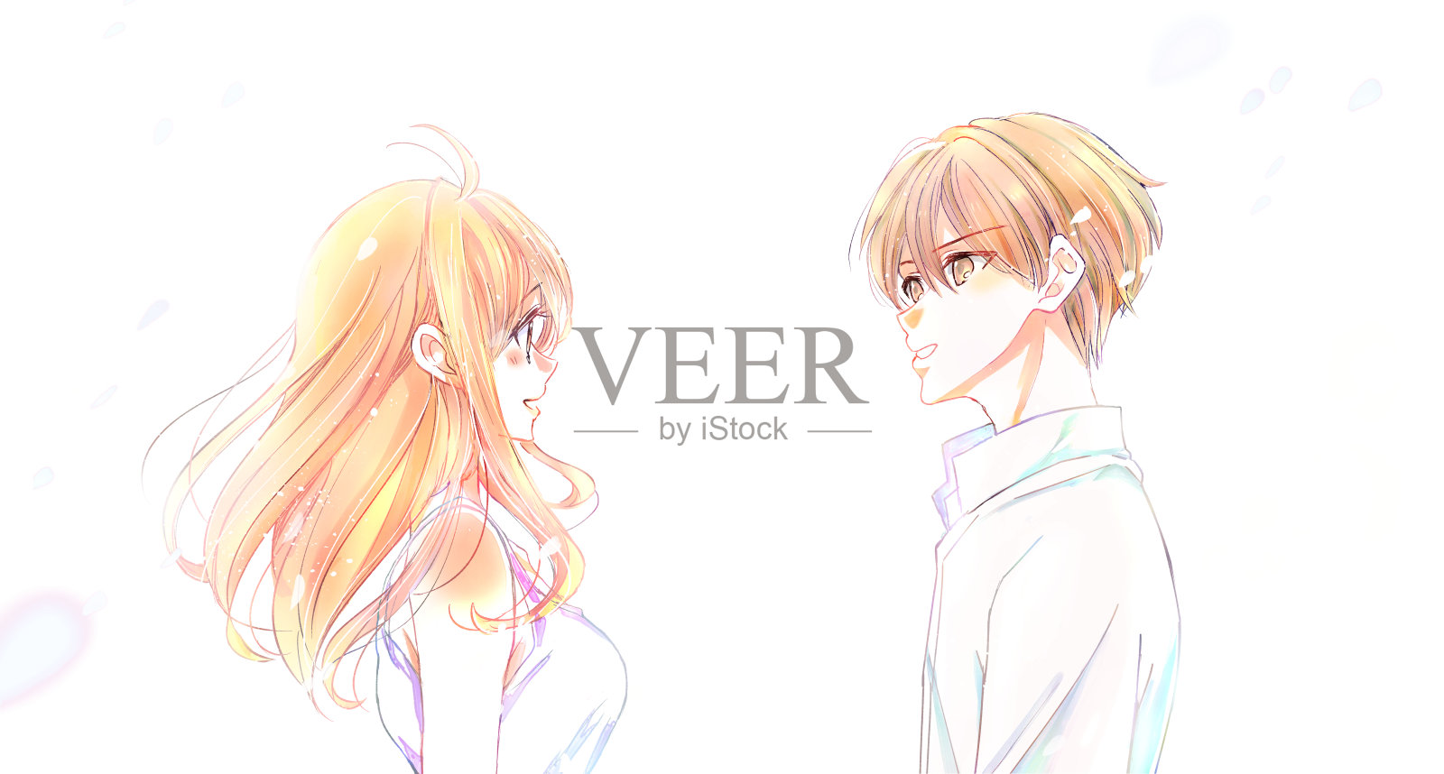 一个夏天的男人和女人面对彼此的花瓣落下插画图片素材