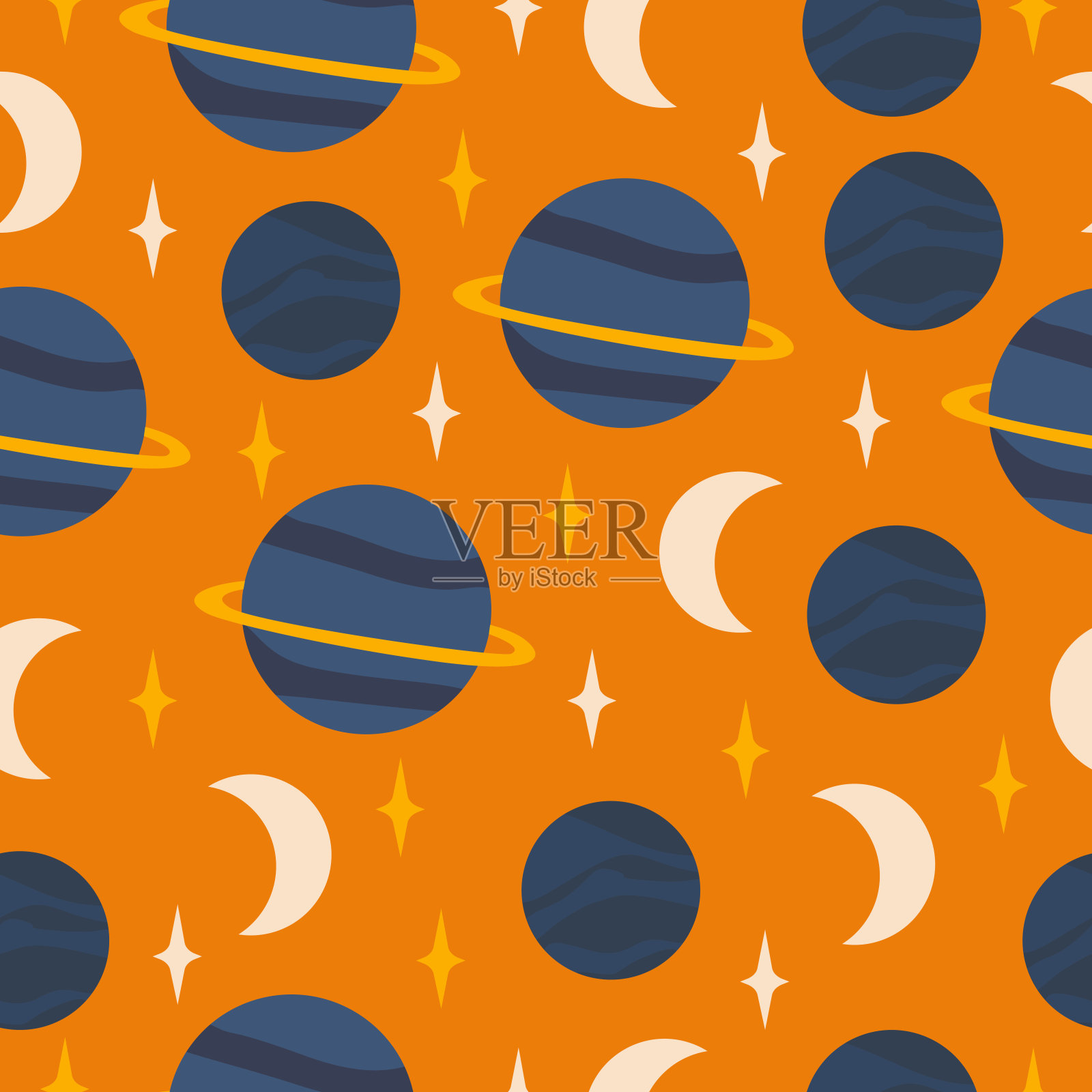 平面矢量插图无缝图案的满月，月食，星空。极简风格的空间格局。插画图片素材