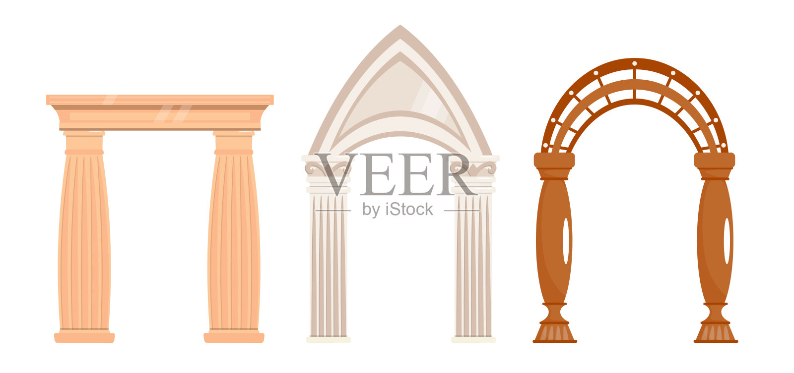 一套精美的经典卡通风格的拱门。美丽的矢量插图，优雅的古董拱门:矩形和拱形与首都和基地。拱和拱顶的支撑。插画图片素材