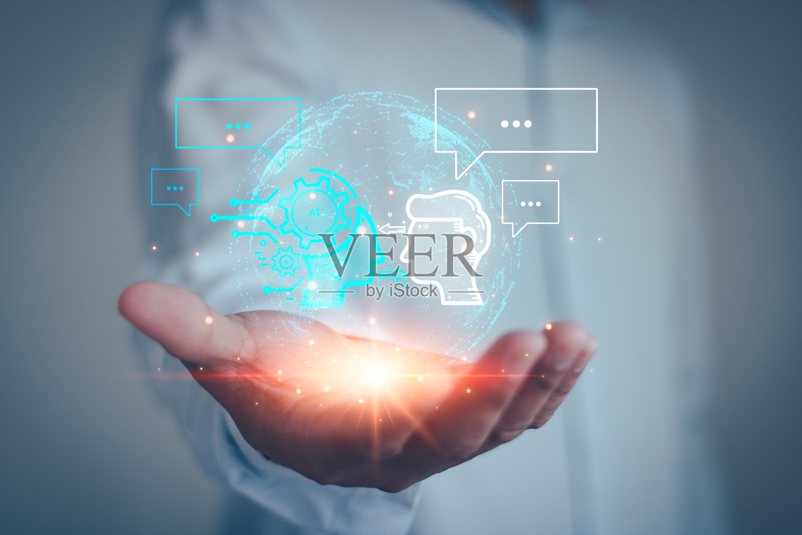 聊天机器人与人工智能对话商业，人工智能概念。人类利用智能机器人人工智能技术，打开命令提示符生成东西，未来科技数字化转型。照片摄影图片