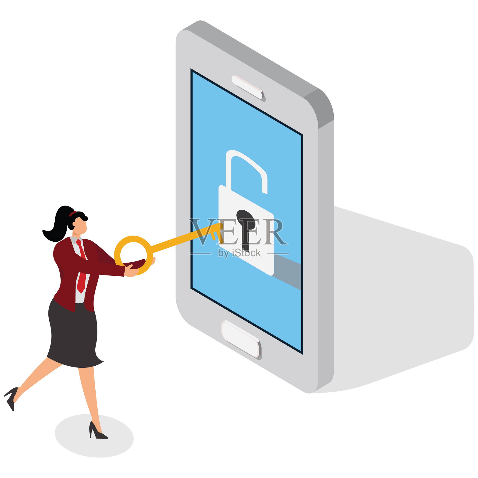 女商人，解锁手机，解锁后的挂锁表示手机处于解锁状态插画图片素材