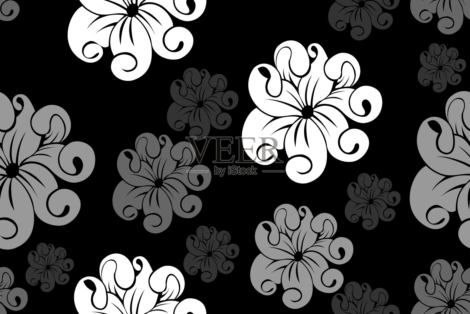 无缝图案与菊花，日本花卉图案黑色背景插画图片素材