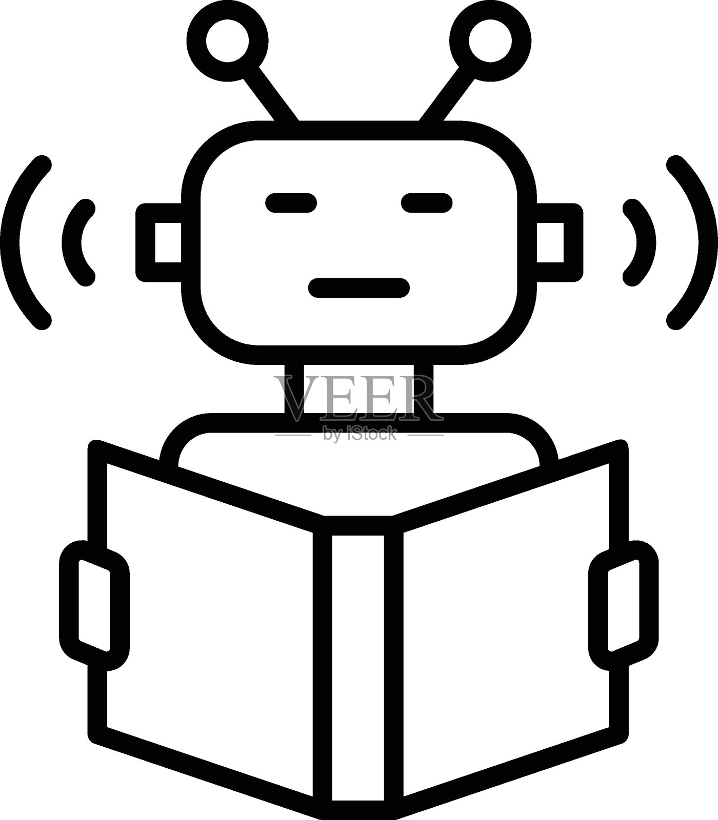 机器学习机器人概念，机器人捧书矢量线图标设计，预测建模或自适应控制符号，人工智能符号，神经回路图解插画图片素材