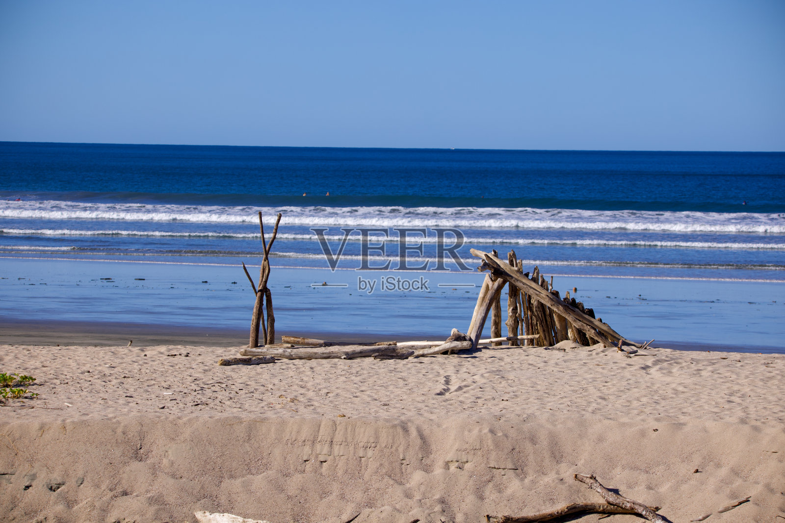海滩上浮木掩体的残骸照片摄影图片