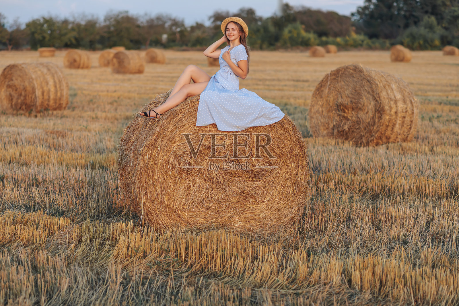 一个年轻女孩的肖像。一个穿着蓝色裙子的女孩坐在干草捆上——高质量的照片。长长的直发。漂亮的颜色。夏天照片摄影图片