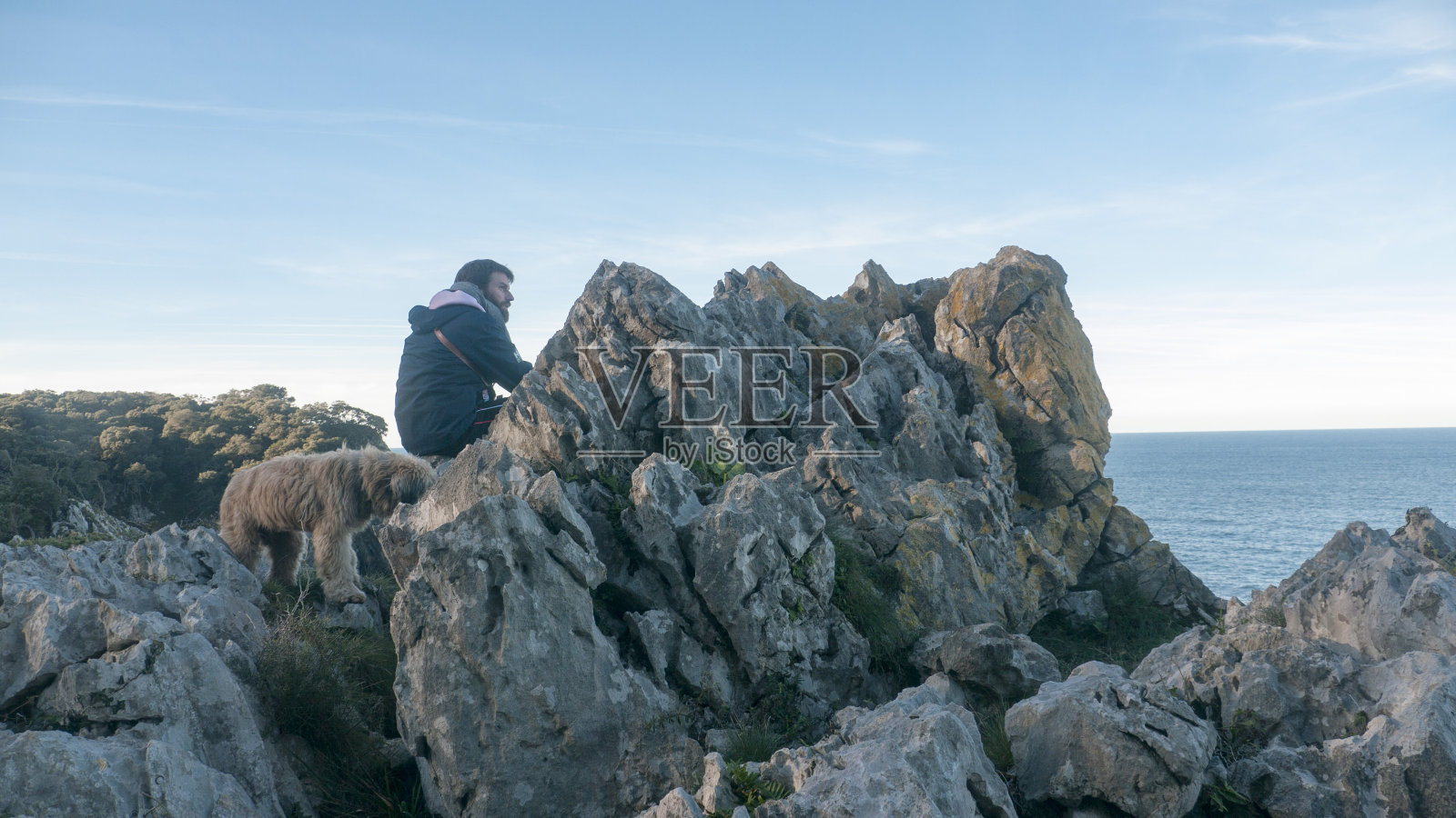 人和狗坐在海边照片摄影图片