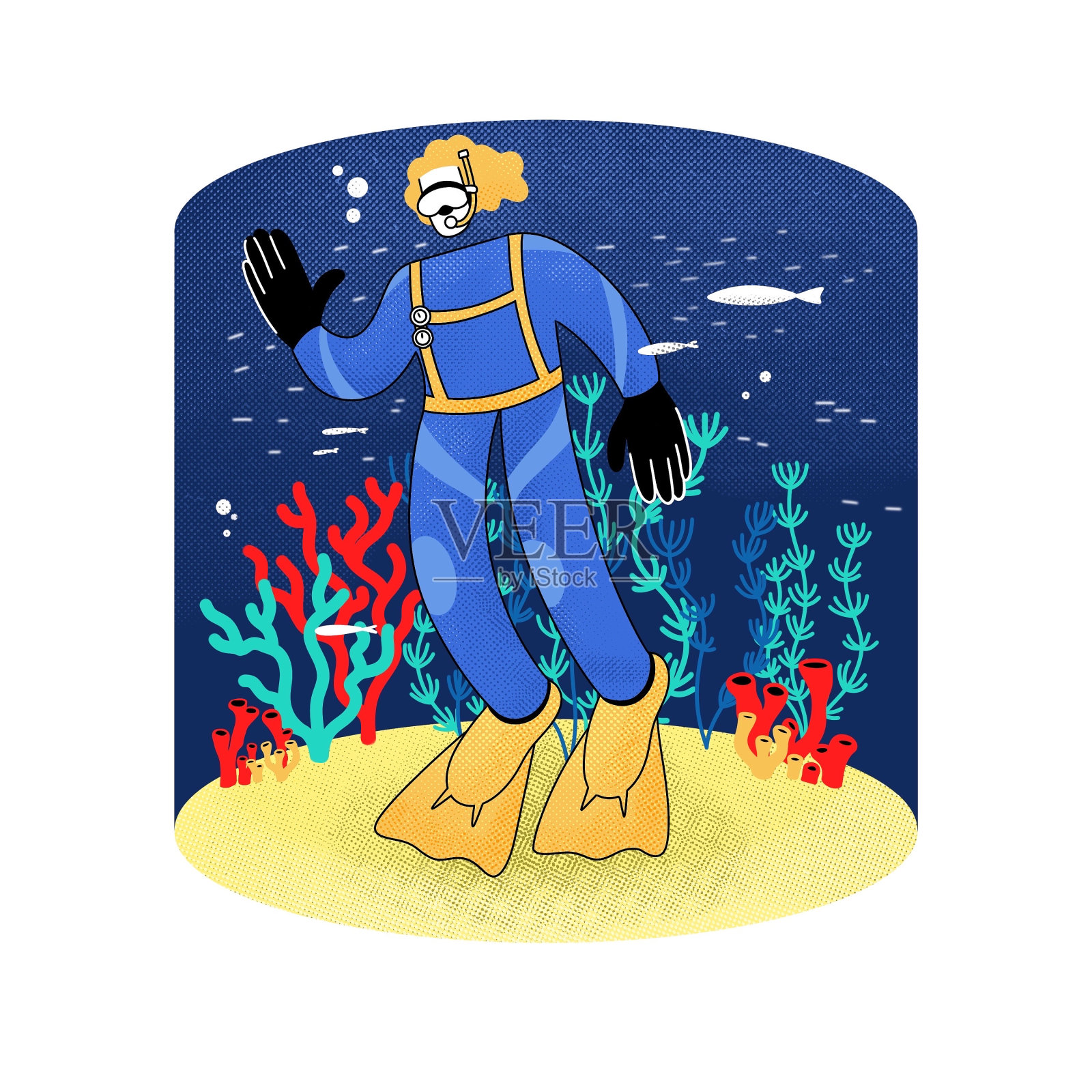 一个戴着水肺的潜水员在满是珊瑚和鱼的海里挥手。插画图片素材