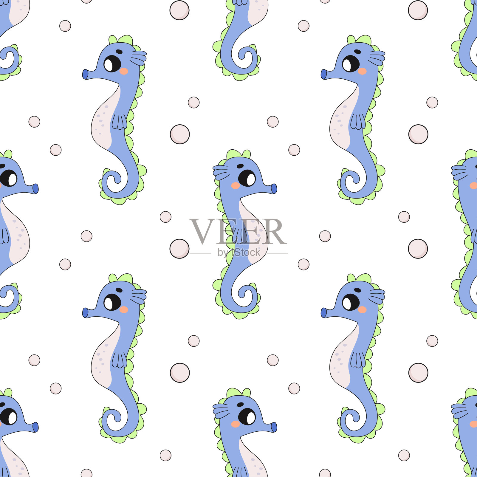 夏日无缝图案，海洋世界，海马，宝贝。插画图片素材