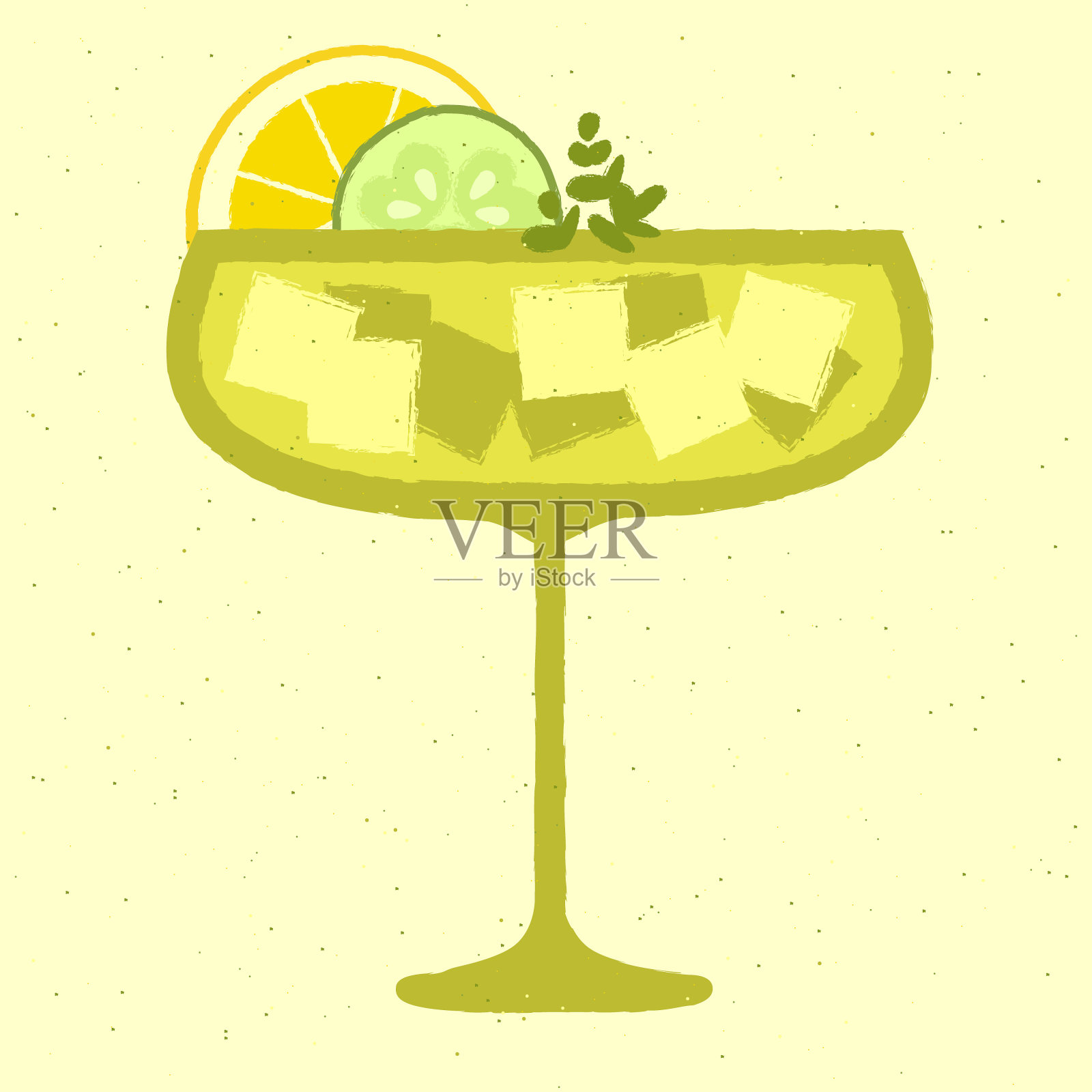 柠檬，香草和黄瓜的绿色鸡尾酒。用玛格丽塔玻璃杯盛黄瓜柠檬水插画图片素材