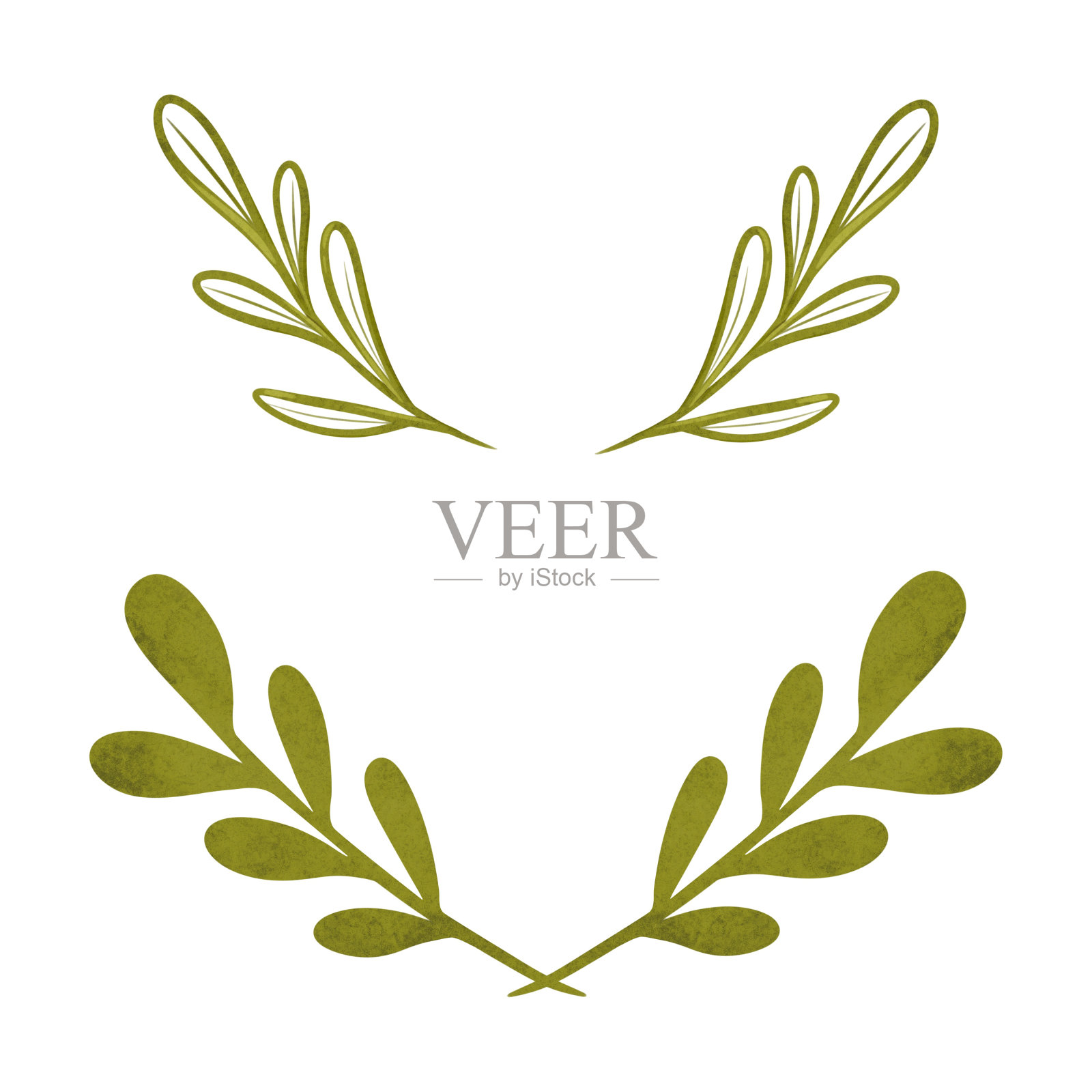 绿色橄榄枝花环轮廓集合，圆形月桂树叶剪影，适用于体育成就、奖励、胜利和成功的手绘数字插图插画图片素材