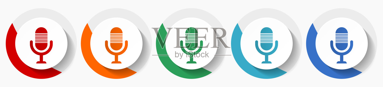 麦克风，音频，记录，无线电矢量图标集，平面设计彩色圆形图标，有5种颜色可供网页设计和移动应用程序选择插画图片素材