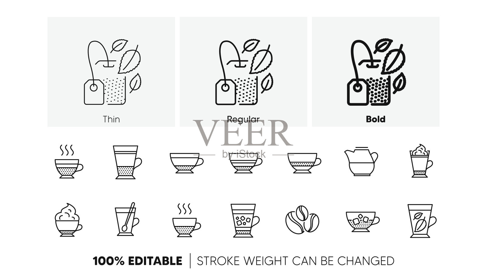 咖啡类型和茶图标。摩卡、卡布奇诺和拿铁。线性图标集。行图标。向量插画图片素材