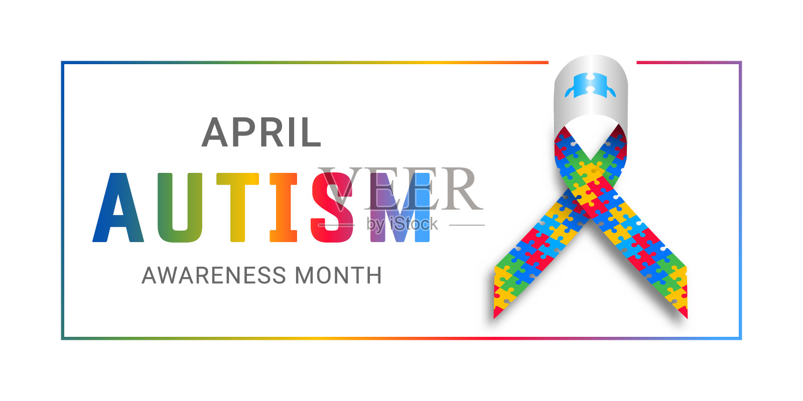 世界自闭症月，世界提高自闭症意识日卡片，3D拼图丝带插画插画图片素材