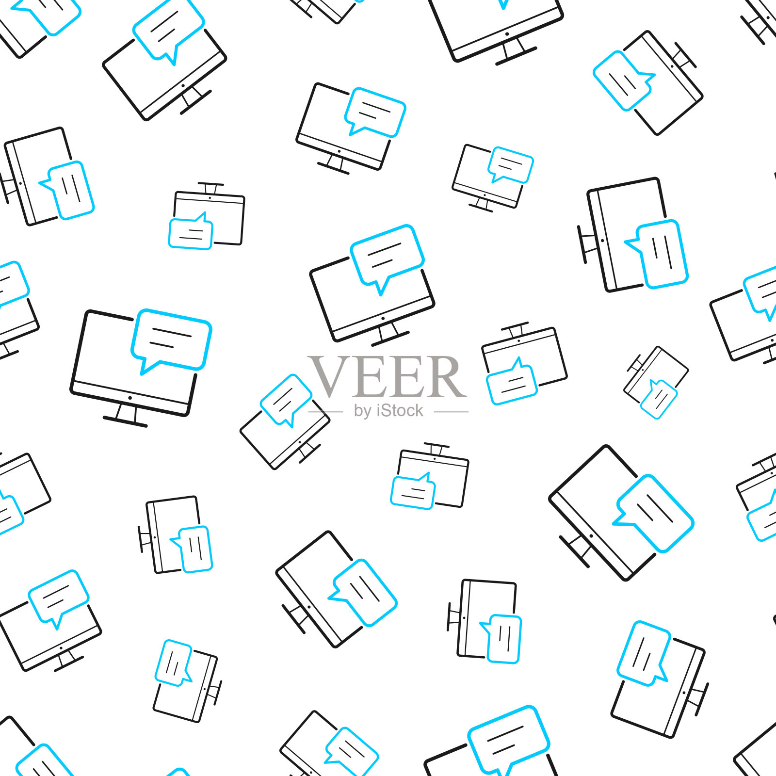 带有语音气泡的台式电脑。无缝模式。白色背景上的线条图标插画图片素材