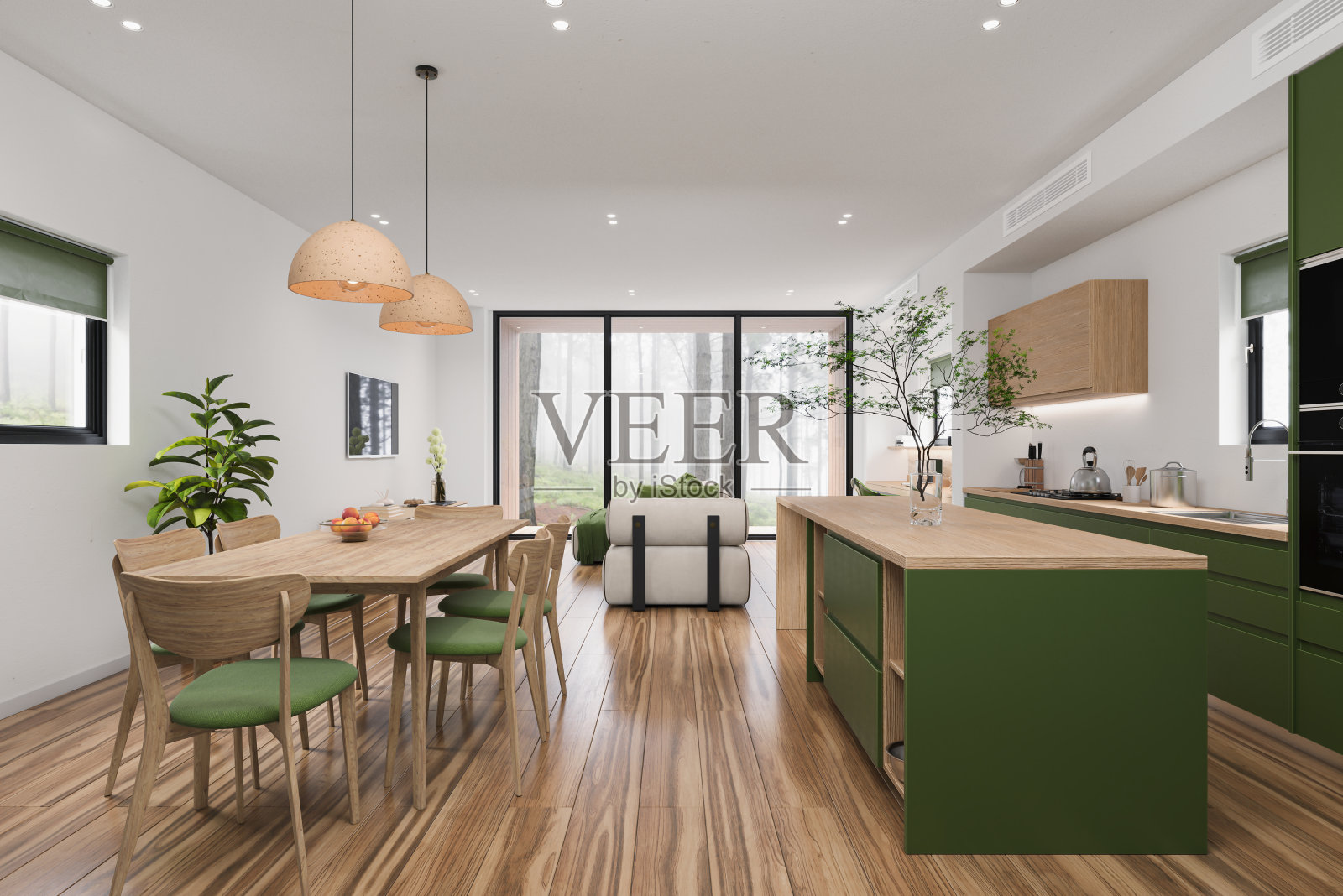 开放式的客厅和厨房室内采用木质和绿色家具的组合。现代设计解决方案，3d渲染照片摄影图片
