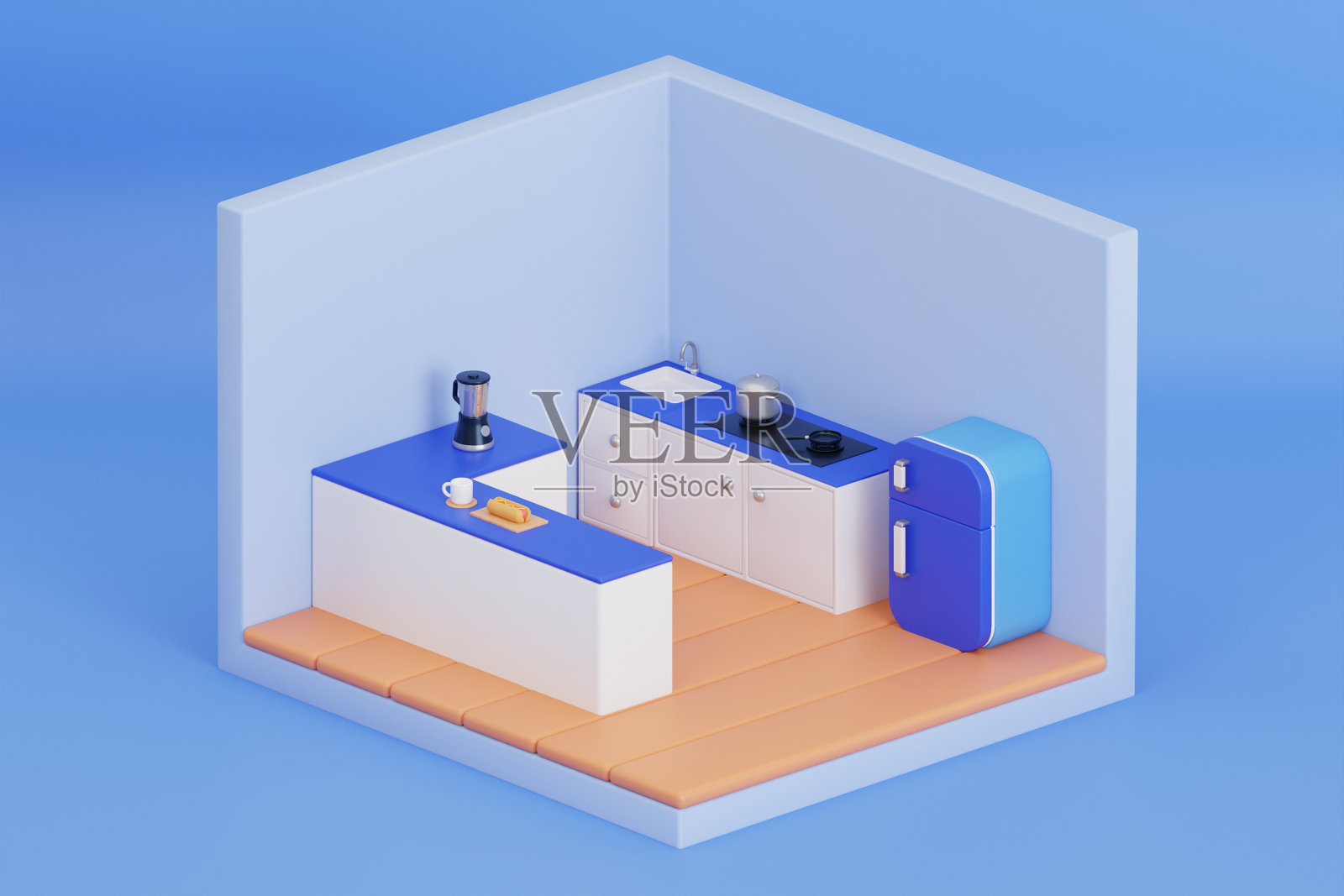 厨房房间3d插图。三维等距厨房照片摄影图片