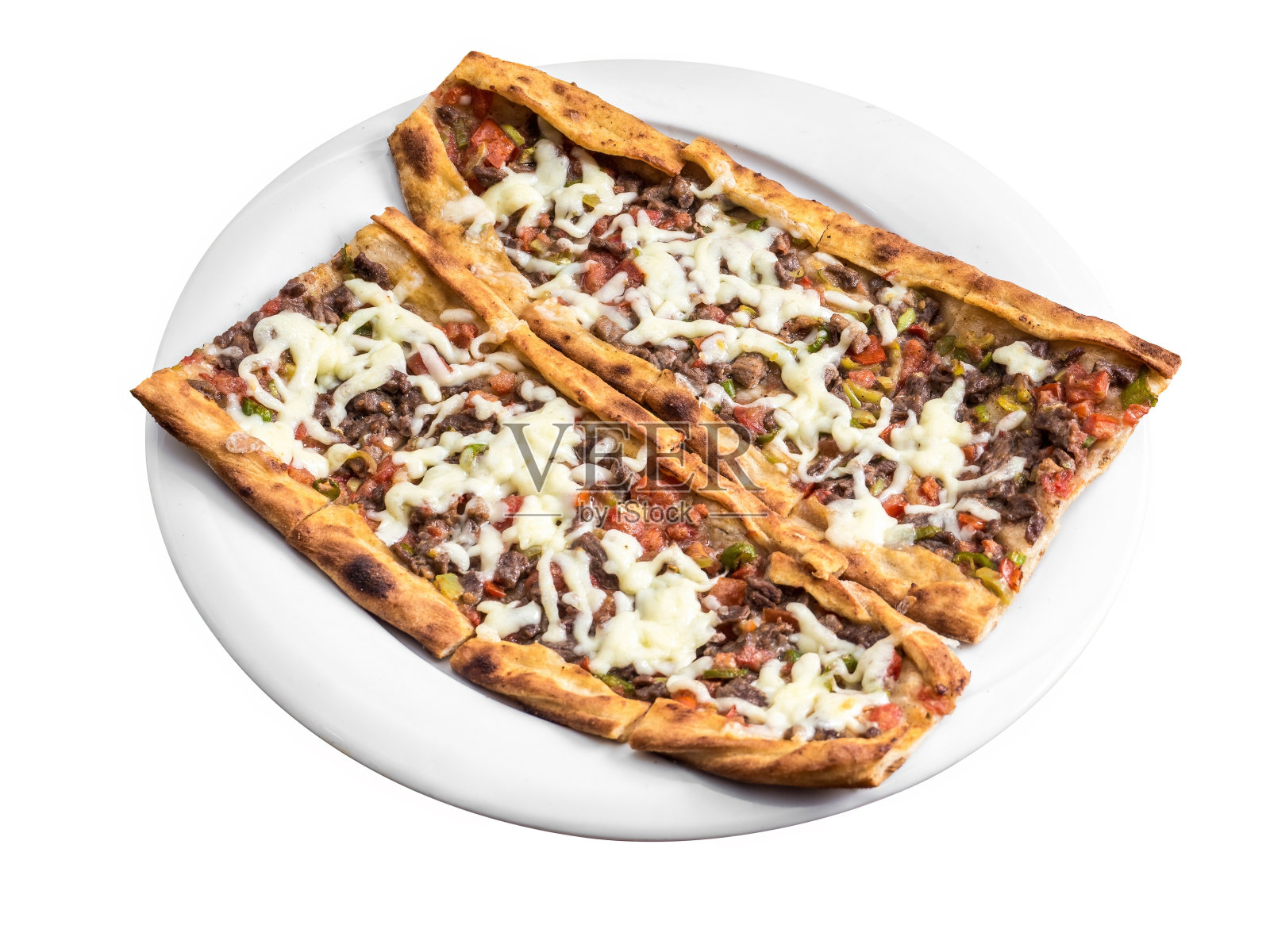 传统的土耳其牛肉皮塔饼片，白色盘子，白色背景照片摄影图片