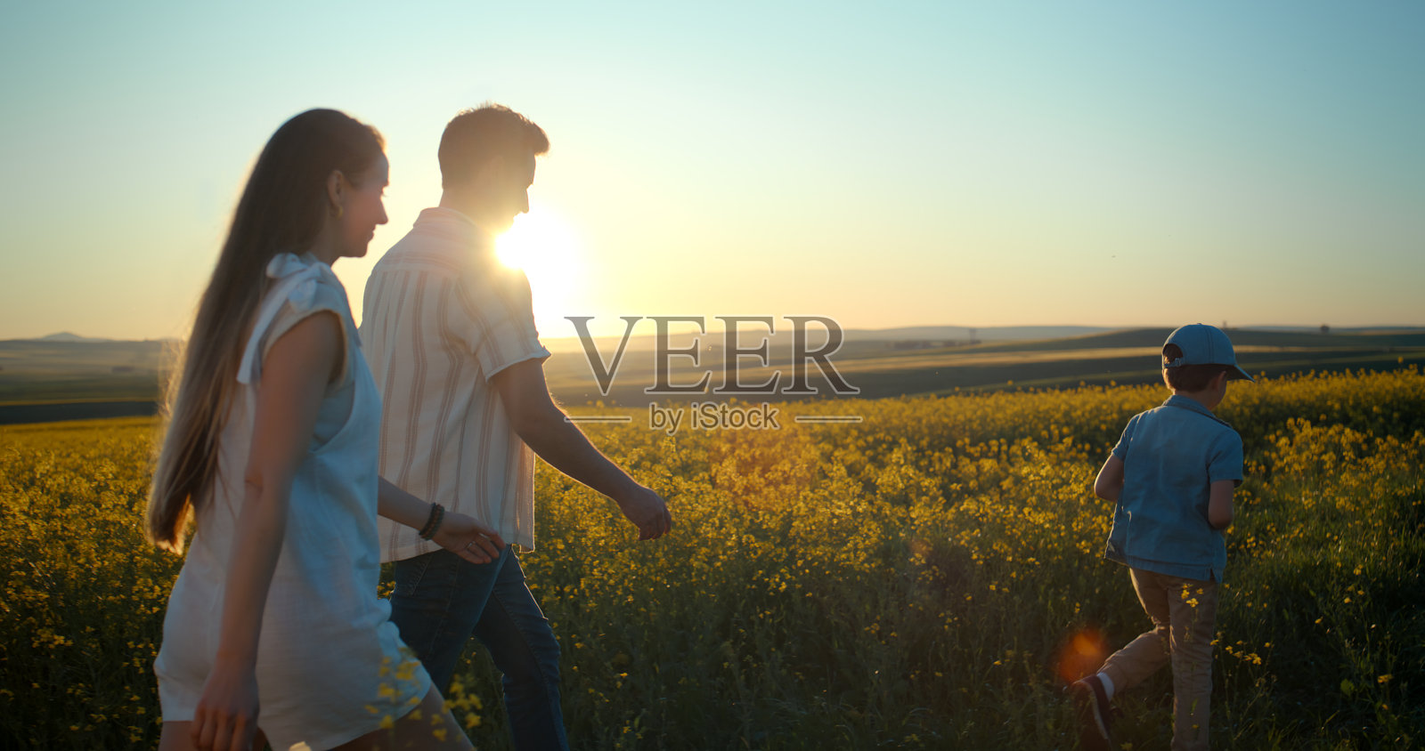 散步，父母和孩子在花田与夕阳的天空，乡村和春天的健康为幸福的家庭。妈妈、爸爸和儿子在大自然中一起能量，花草和新鲜空气在一起支持照片摄影图片