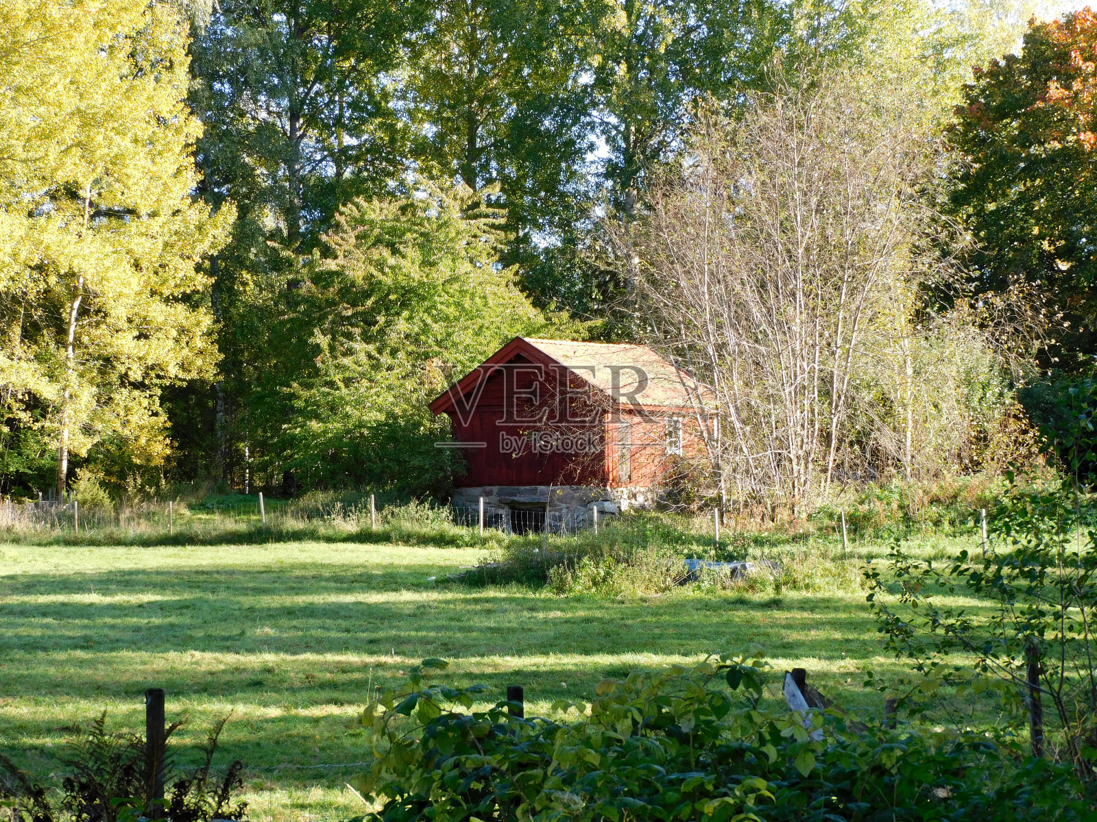 草地旁的一幢旧附属建筑照片摄影图片