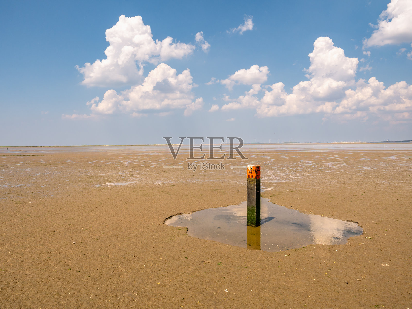 荷兰，红色顶端标记潮汐线的海滩杆子照片摄影图片