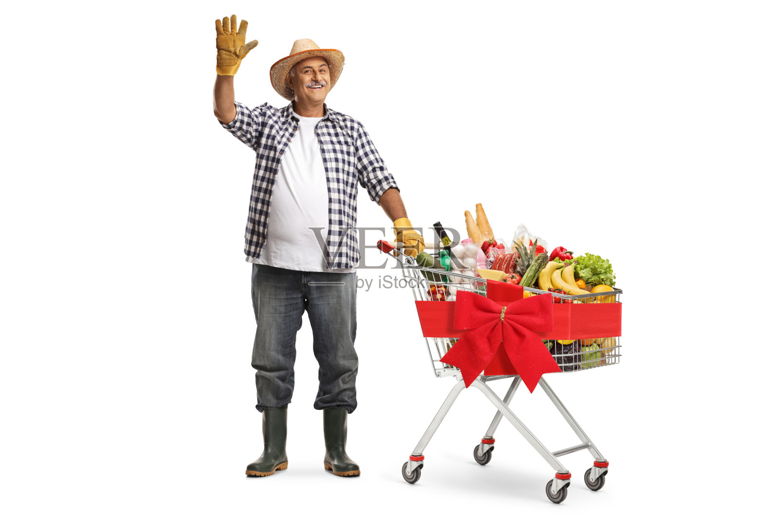 农民推着购物车向镜头挥手（全身像）照片摄影图片