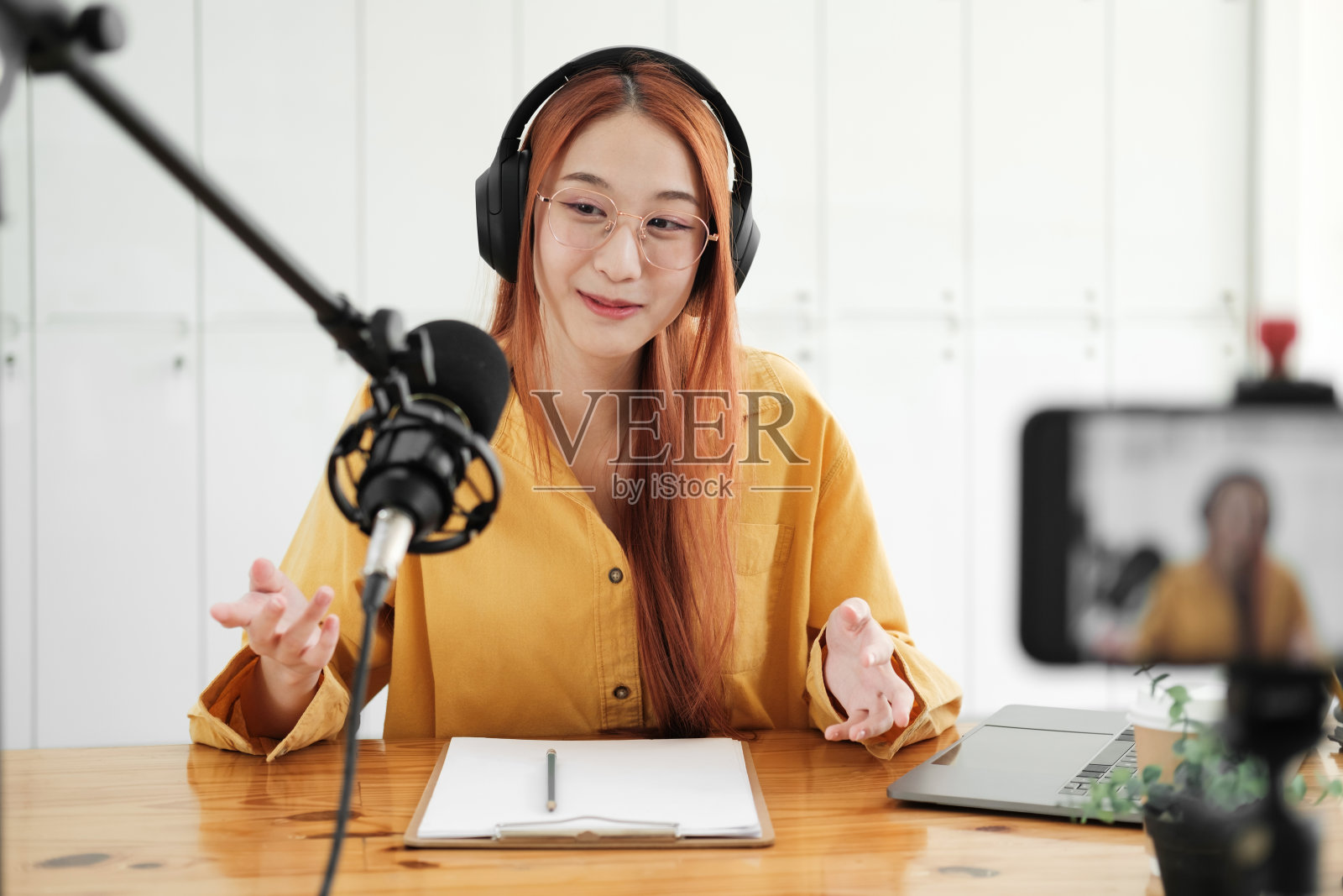 现场播客会议与微笑的女主持人照片摄影图片