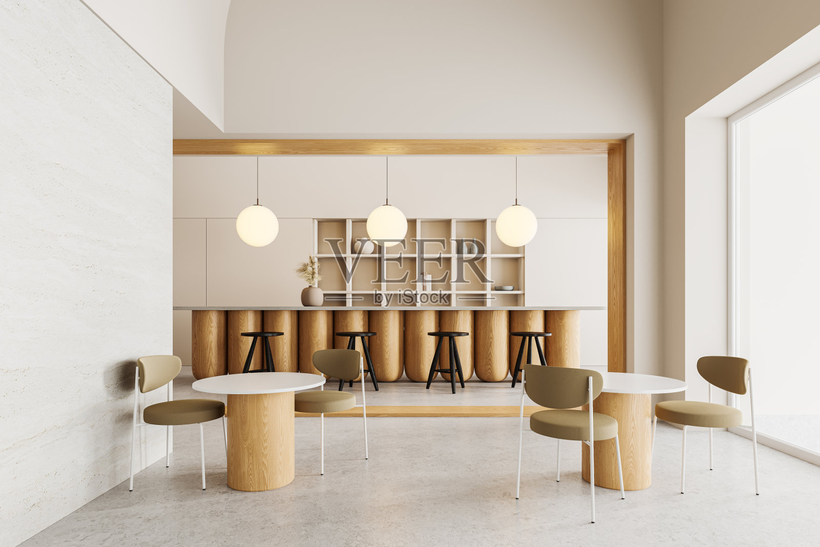 白色咖啡厅内部有吧台和桌子照片摄影图片