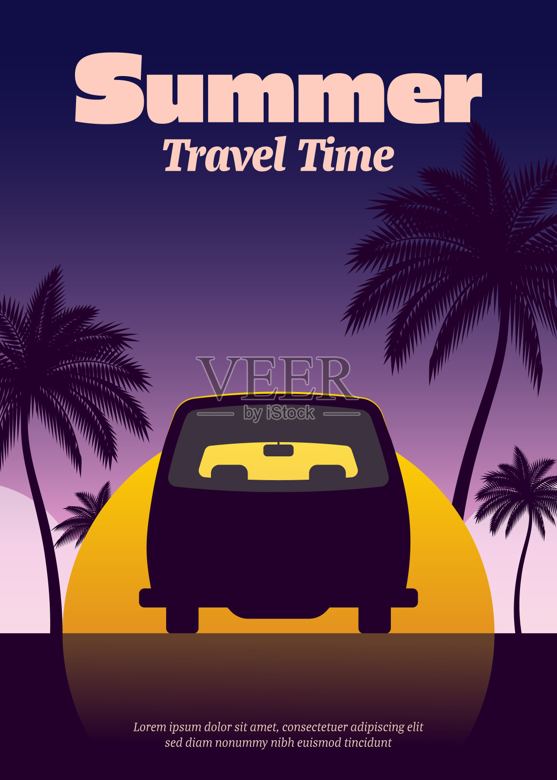 夏季日落景色与老式汽车在戏剧性的天空背景前插画图片素材