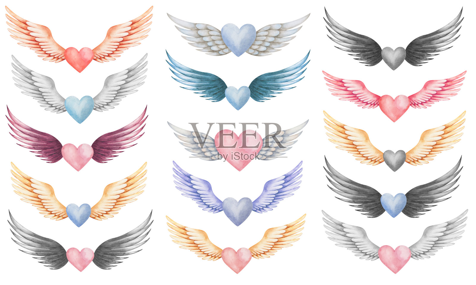 水彩插画素材：手绘翅膀爱心，如天使、小鸟，灰色、粉色、蓝色羽毛，丘比特，小天使，爱心符号，婚礼剪贴画，情人节爱心卡插画图片素材