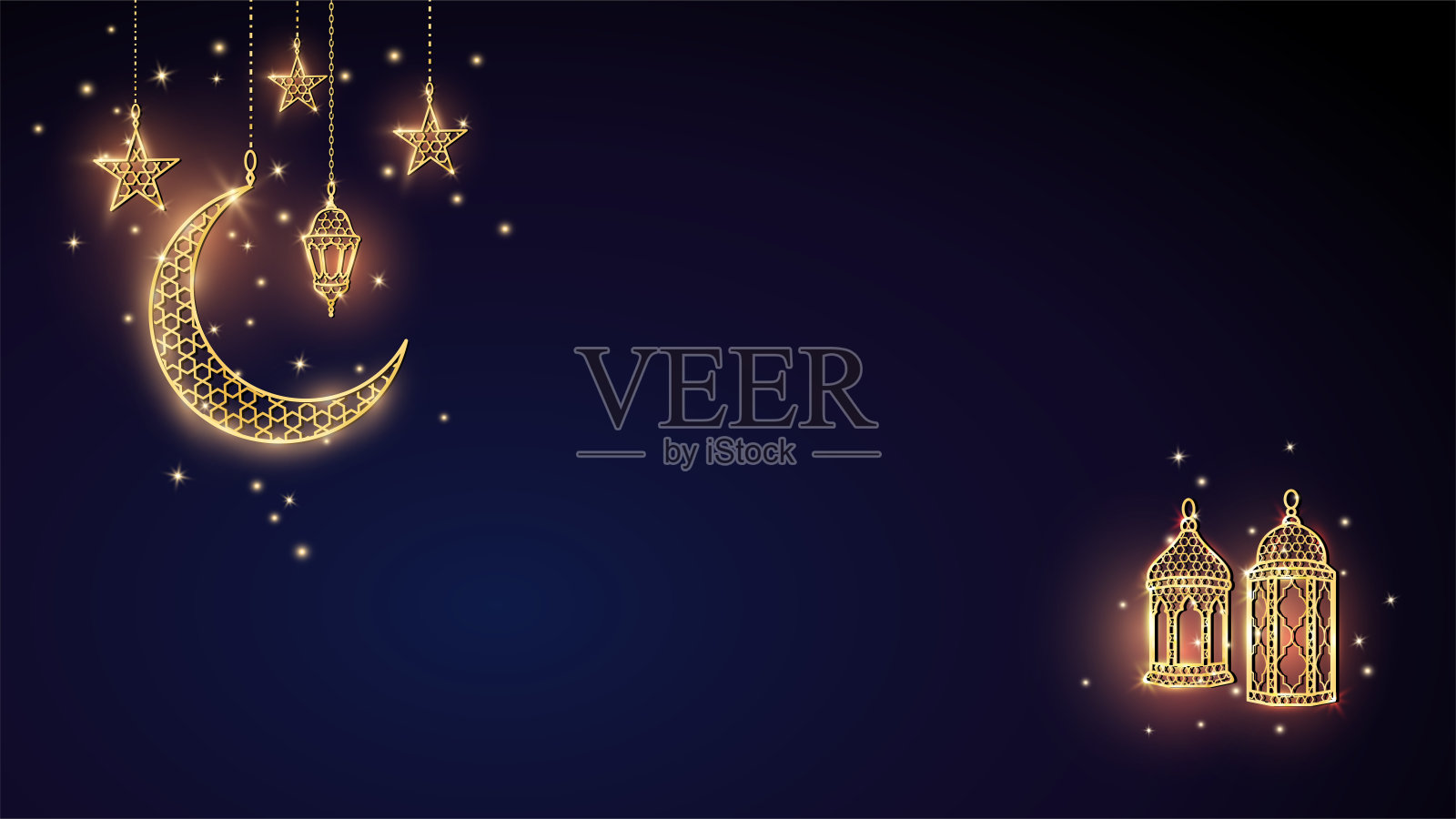 金色装饰的斋月或宰牲节横幅。挂灯笼，月牙，星星。传统的伊斯兰灯，闪亮的边框。穆斯林节日背景。向量插画图片素材