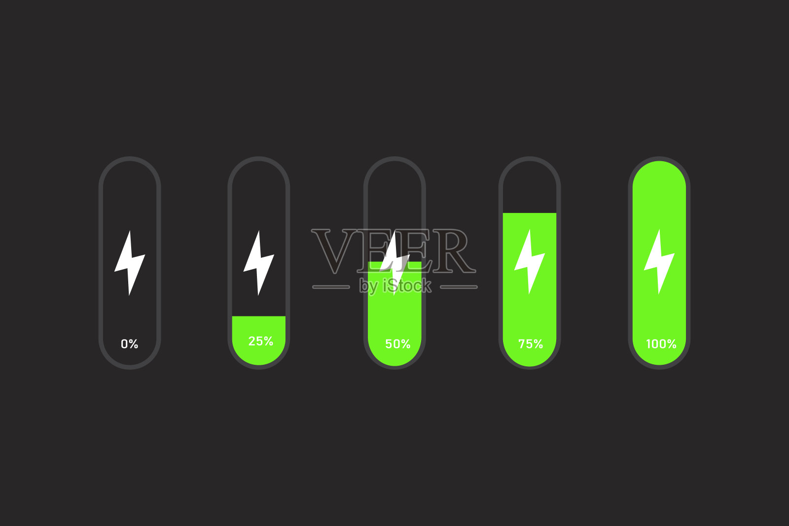 一套带有闪电符号和百分比的电池充电指示器。在灰色背景上从0到100%的电荷水平。矢量图插画图片素材