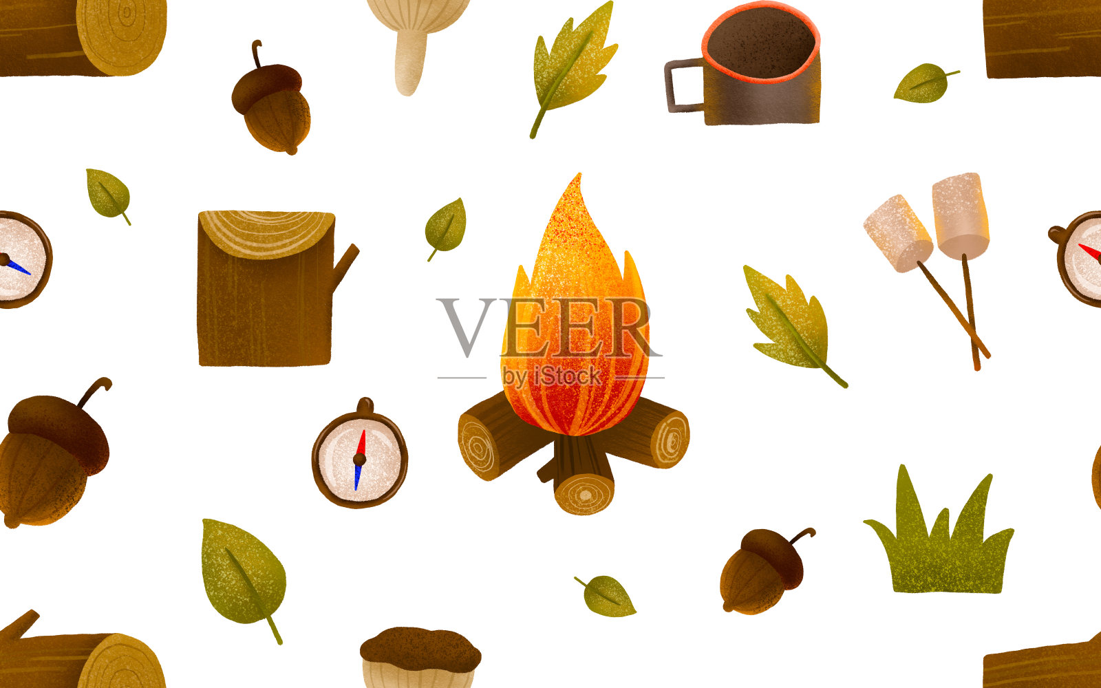 篝火和棉花糖的无缝图案。在山上远足，在森林里旅行。可爱的幼稚背景的纺织品和印刷，包装纸插画图片素材