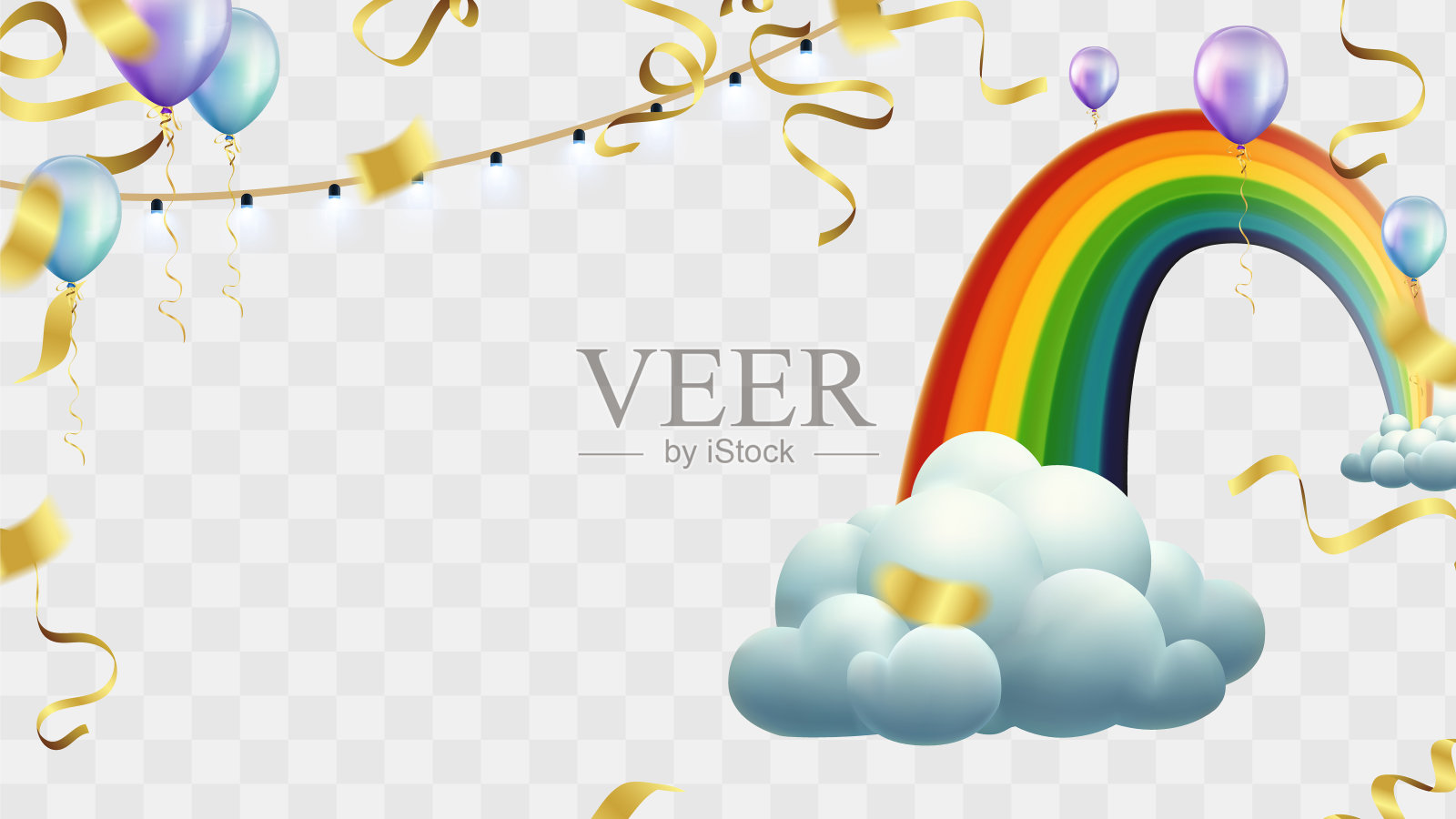 彩纸和彩带点缀着彩虹和云彩。矢量图插画图片素材