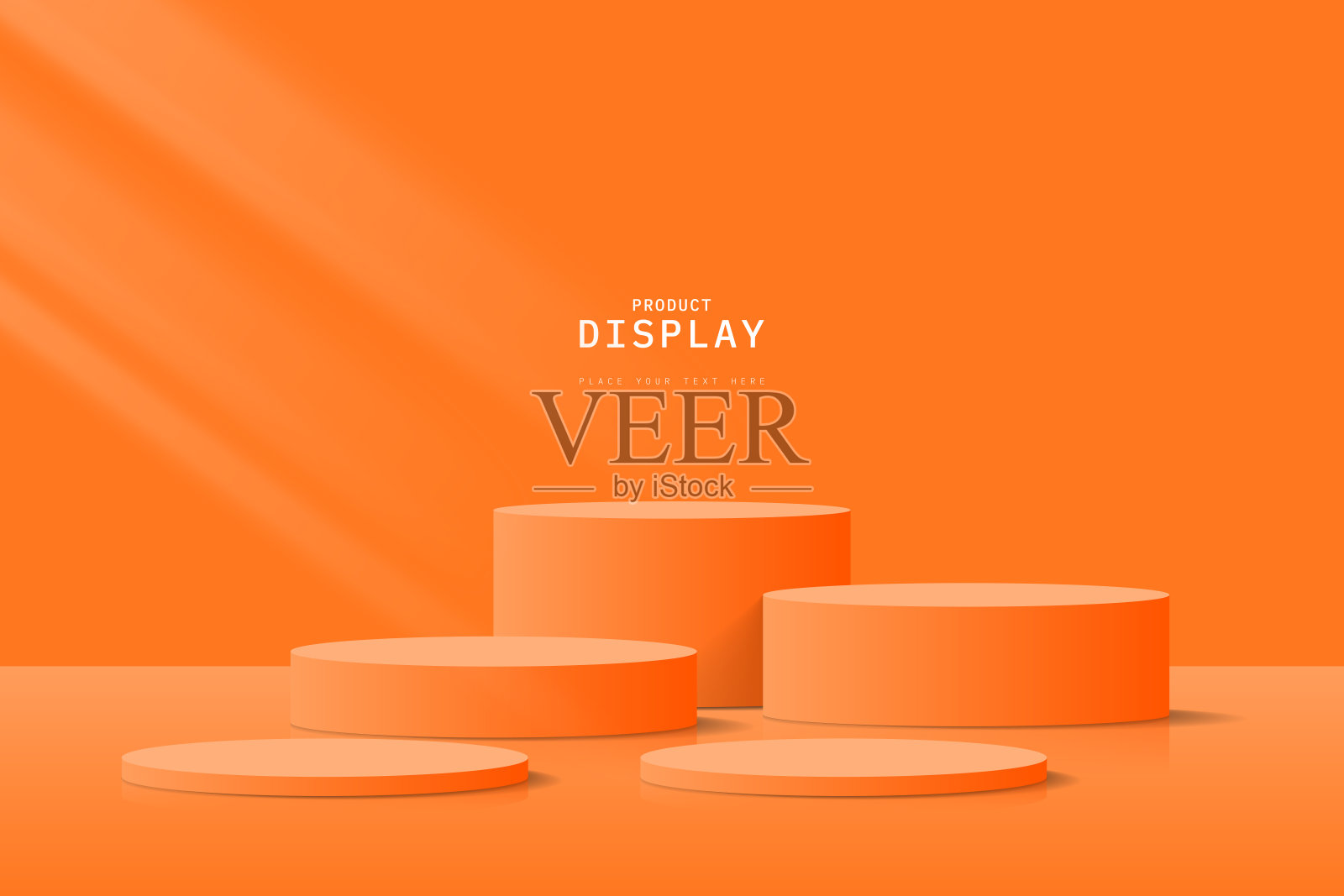 抽象的软3D房间与一套现实的橙色圆柱体基座讲台。产品展示的最小场景。三维矢量几何平台设计。舞台展示，化妆。插画图片素材