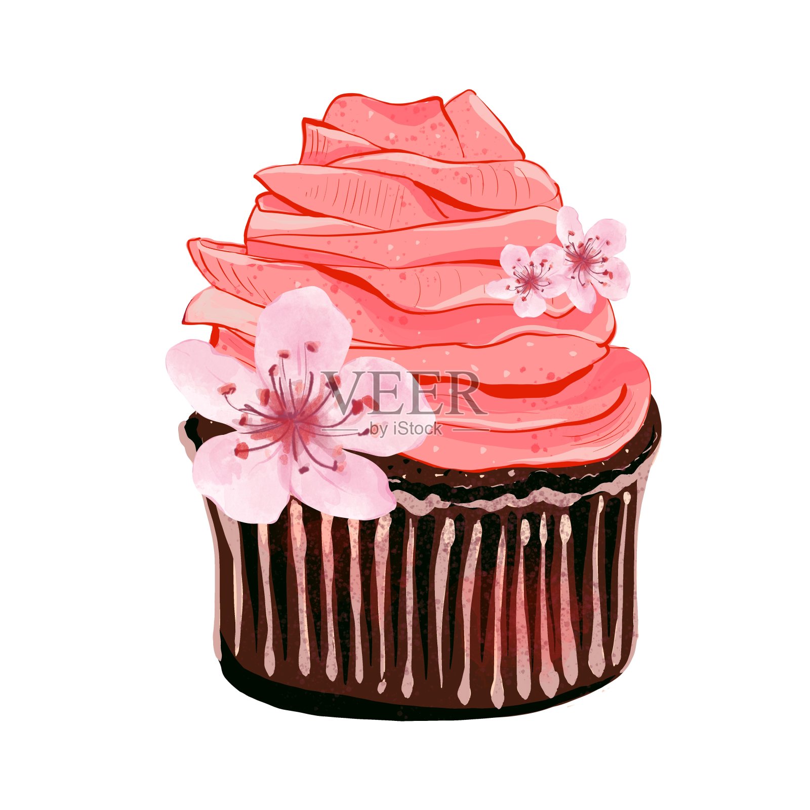 奶油节日纸杯蛋糕。现实的风格。手绘插图孤立在白色背景。平面元素的糕点店，咖啡馆和酒吧菜单，生日和周年纪念的设计。插画图片素材