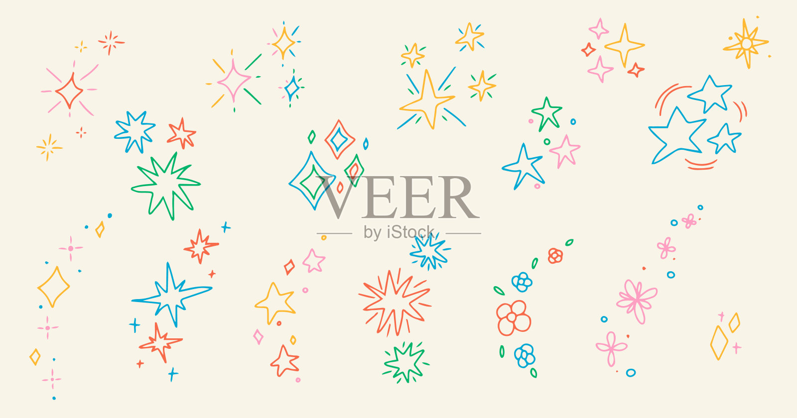 一套俏皮的多色类星形状。闪耀的元素。鲜艳的烟花，装饰一闪一闪，闪闪发光。发光效果星星。插画图片素材