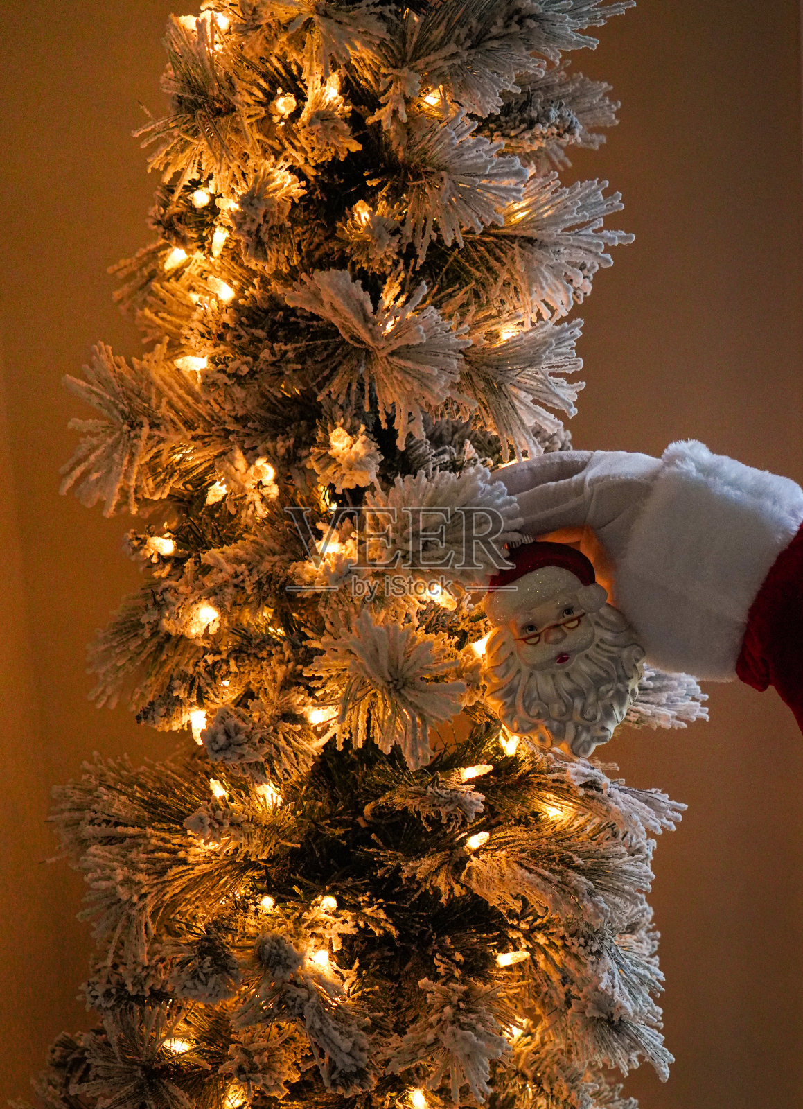 圣诞老人用圣诞老人的装饰品装饰一棵结霜的薄树照片摄影图片