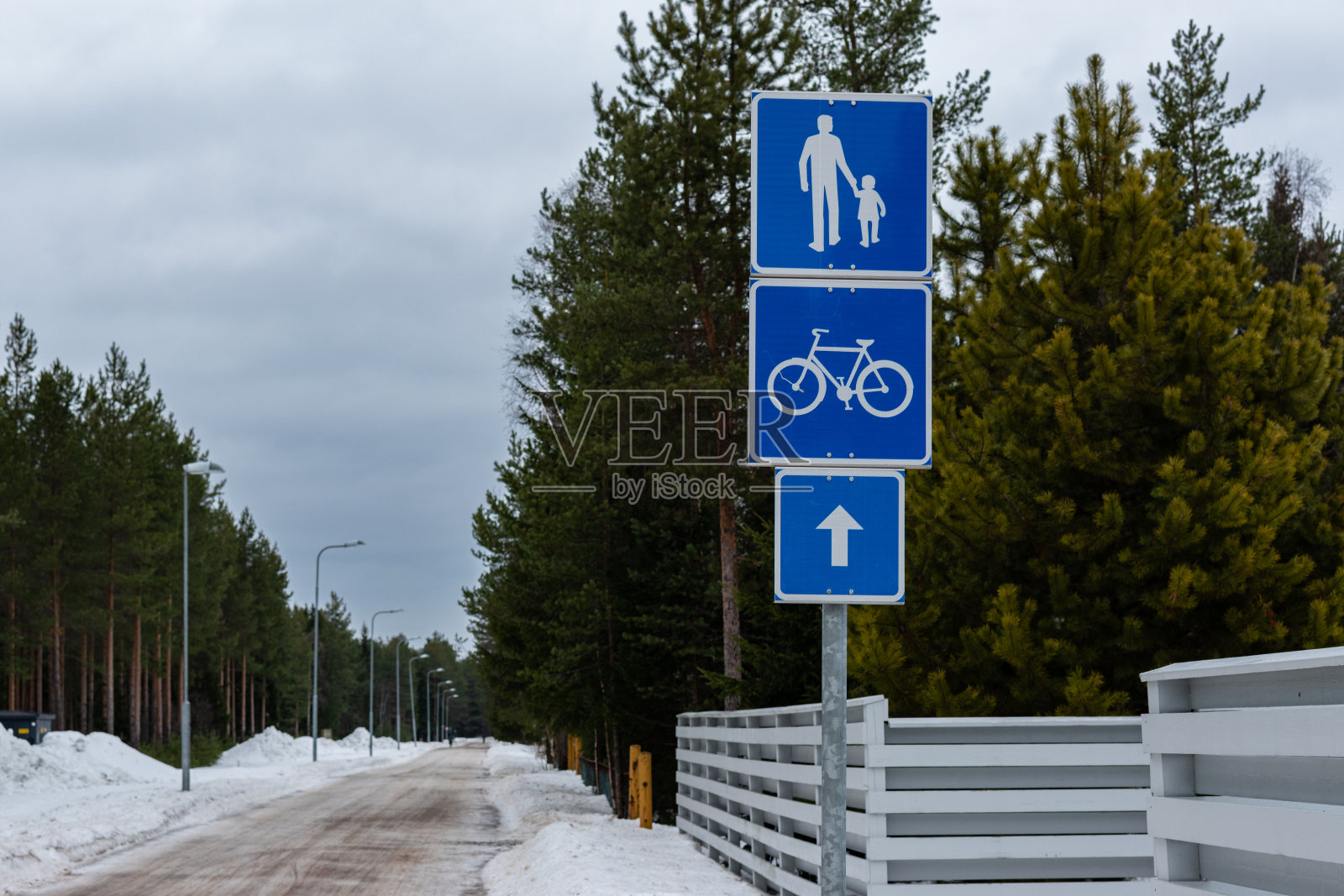 冬季森林中自行车和行人的路标。照片摄影图片