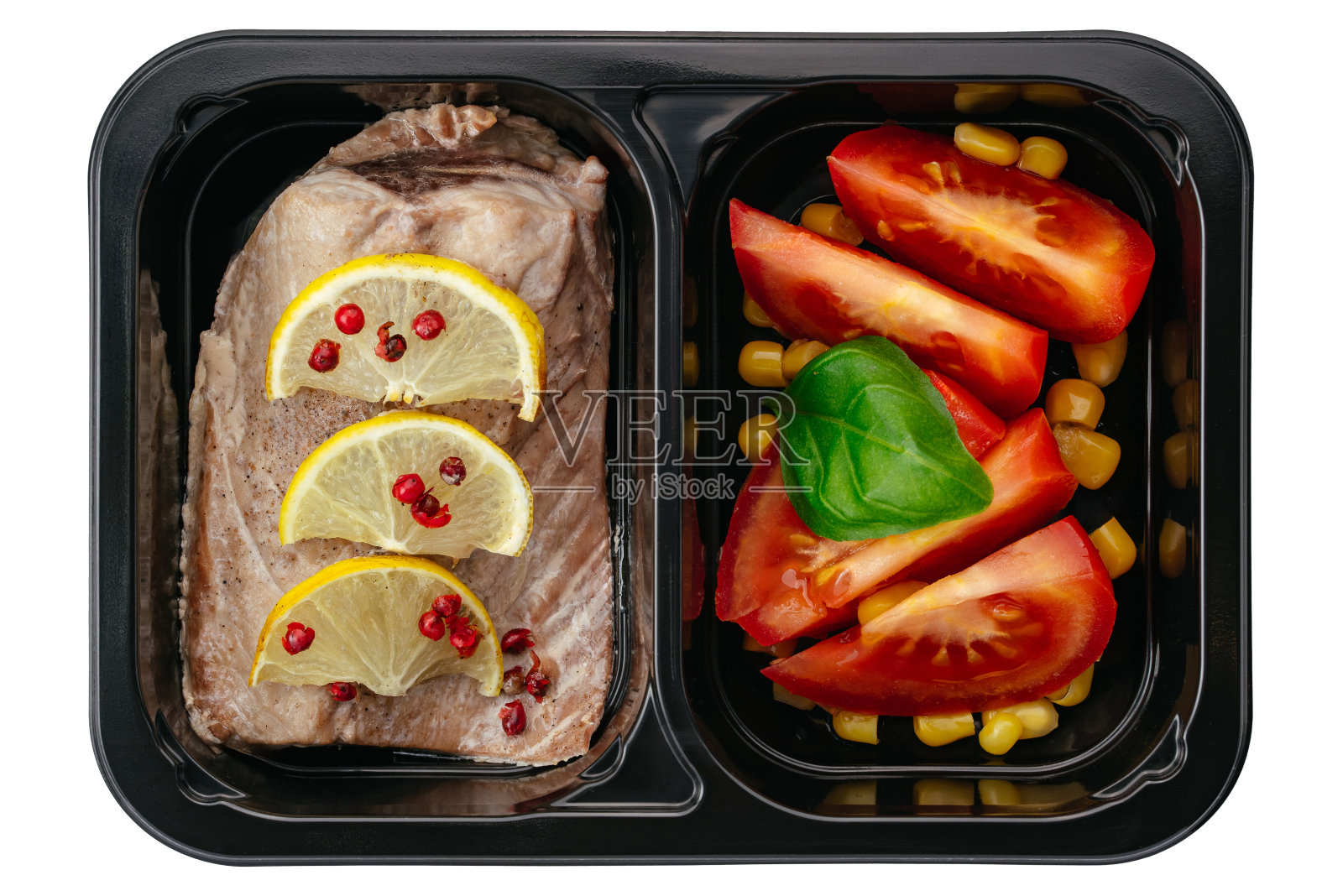 盒装白底烤鱼酱配菜照片摄影图片