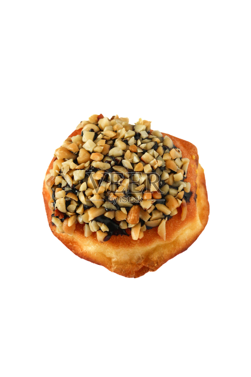 在白色背景上孤立的甜甜圈或甜甜圈。巧克力和花生配料。照片摄影图片