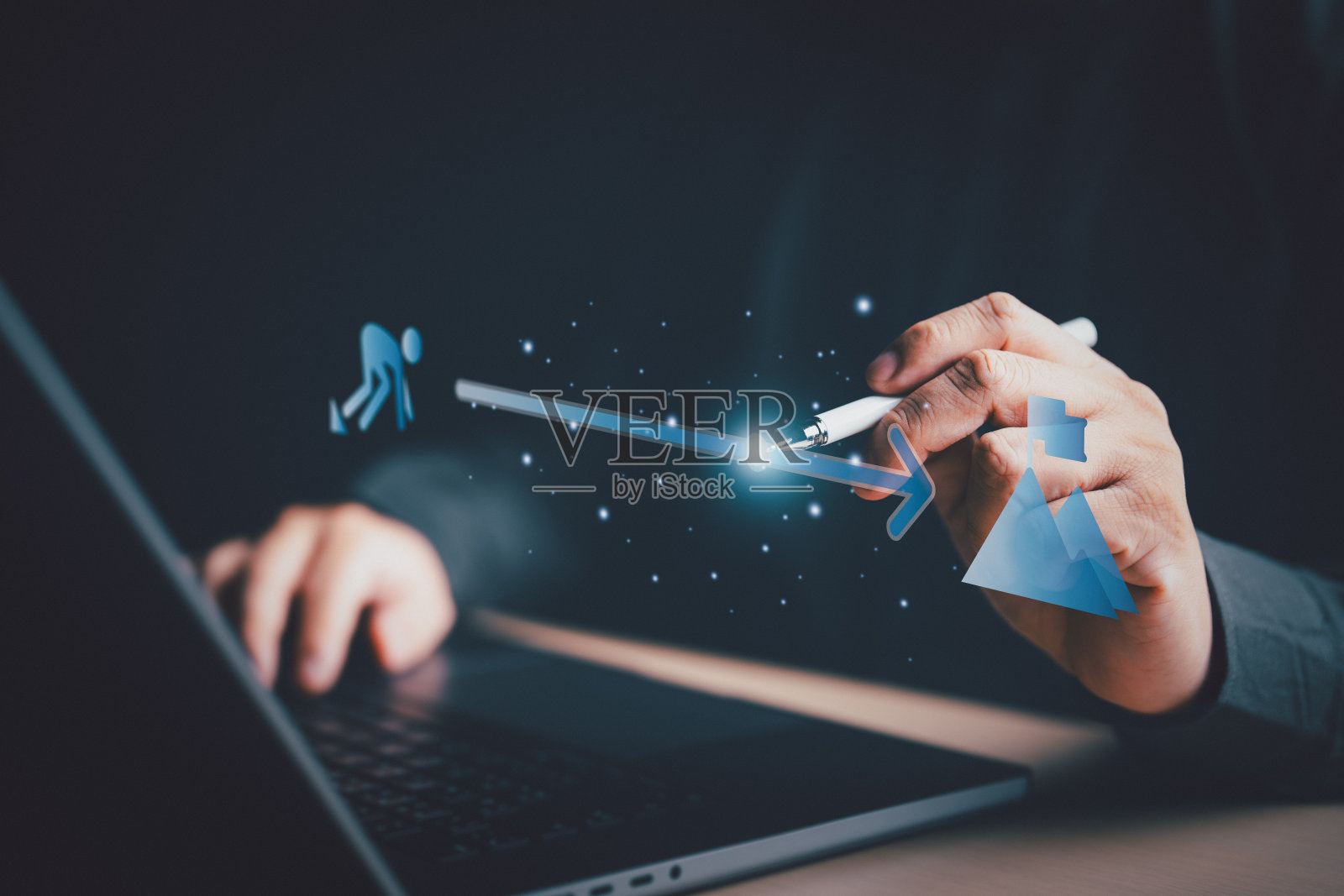 商人拖点在虚拟条上从开始到完成图标显示项目进度。项目管理或工程程序概念。施工和运营完工百分比。照片摄影图片