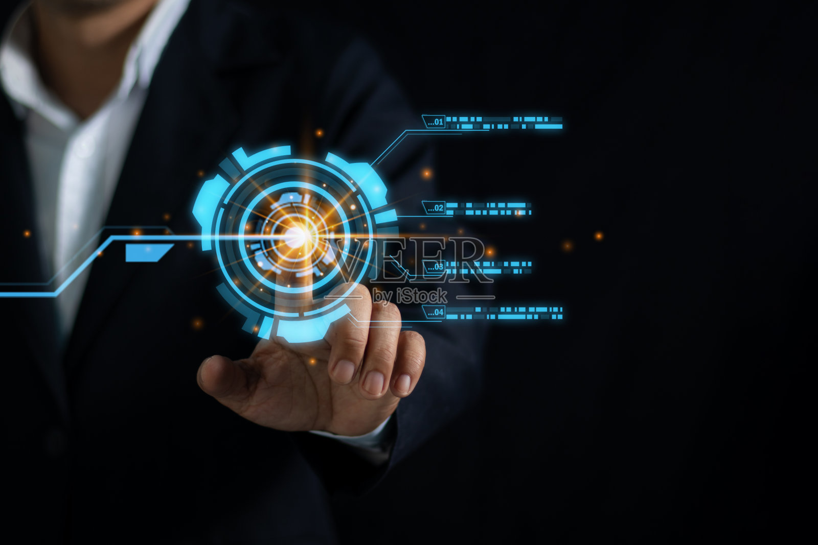 商人手触未来技术界面虚拟数字显示器显示触摸屏未来概念照片摄影图片