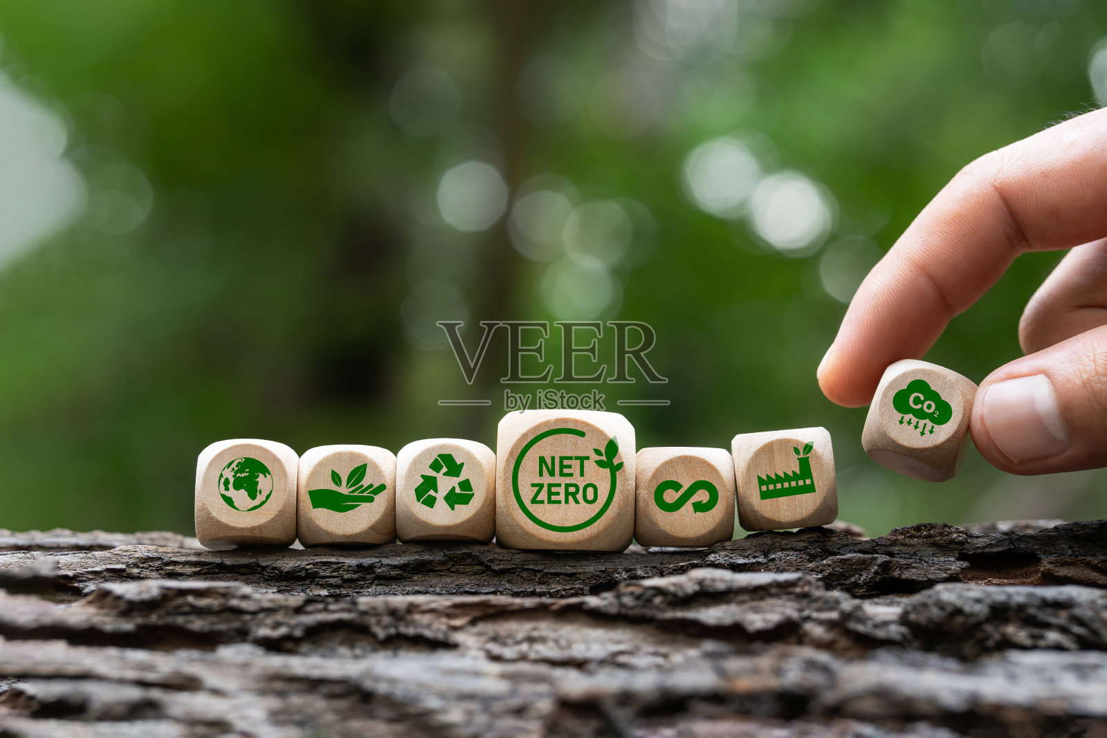 净零图标和碳中和概念，2050年目标，长期气候中和战略。绿色图标木块净零温室气体排放气候。照片摄影图片