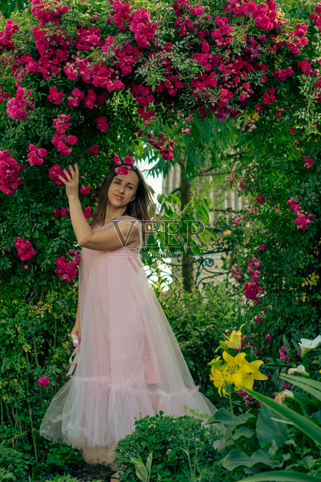 一个美丽的女人在花园里欣赏芬芳的玫瑰。照片摄影图片