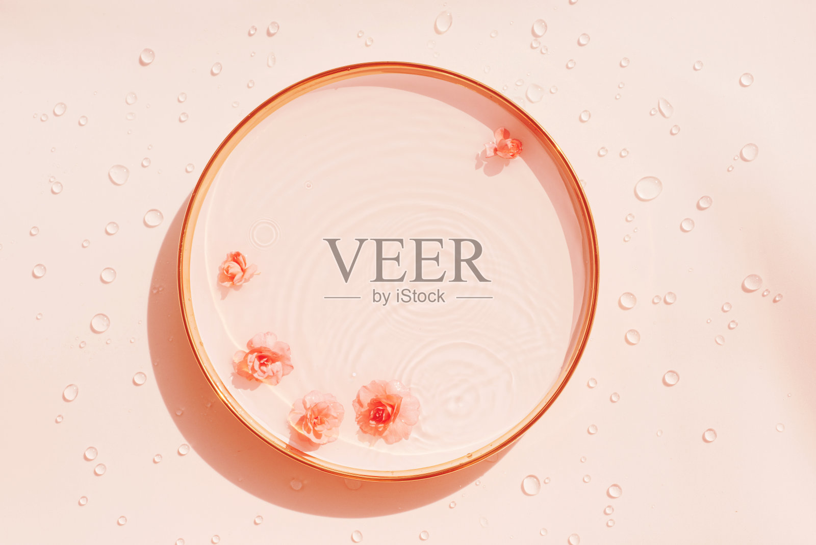 圆形讲台上的水和花在粉红色的背景，滴照片摄影图片