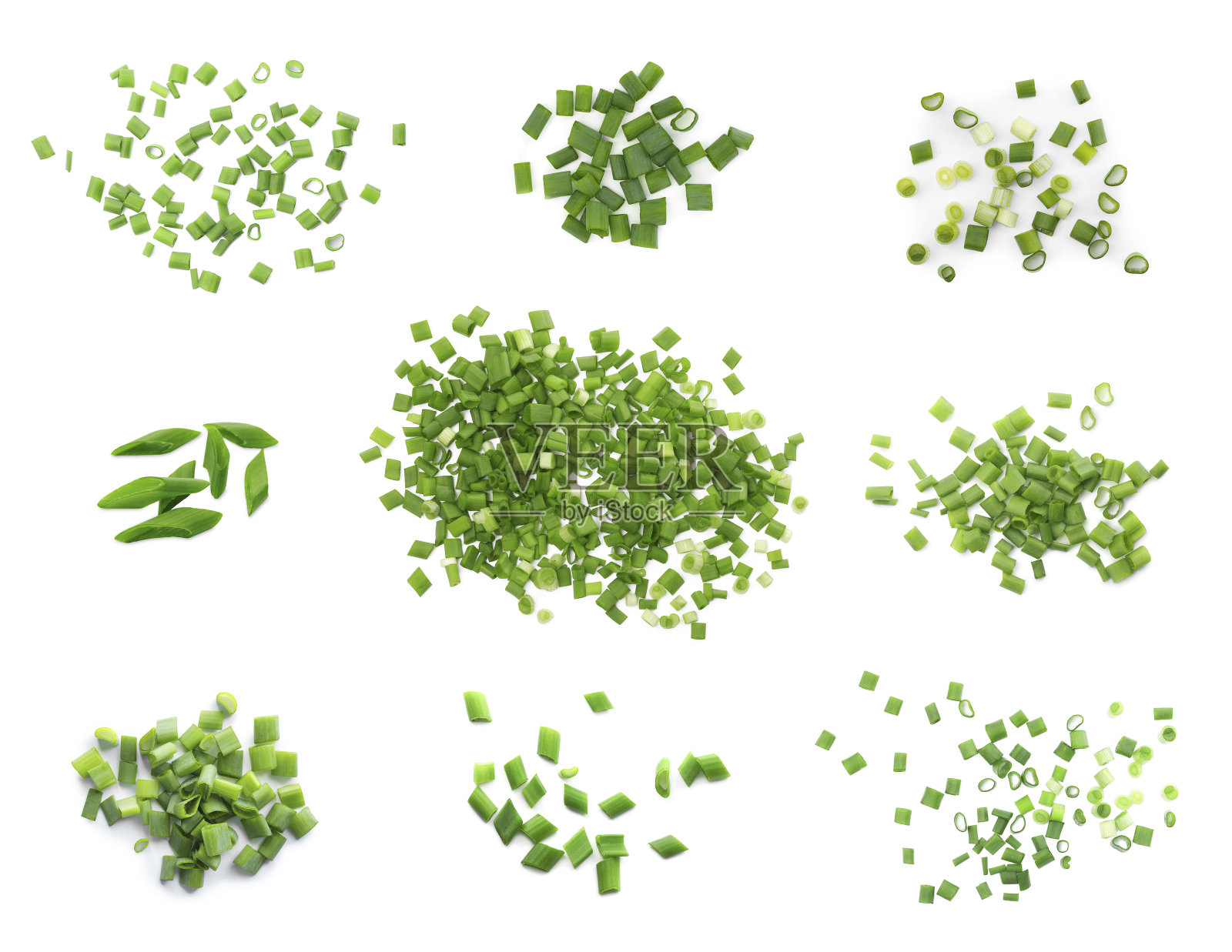 白色背景上的葱花拼贴画照片摄影图片