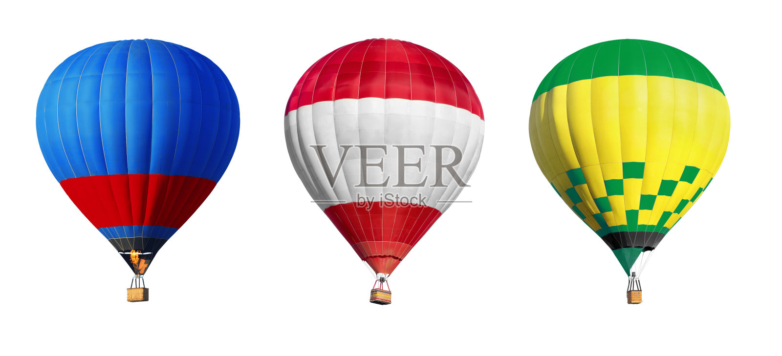 白色背景上明亮的热气球，设置照片摄影图片