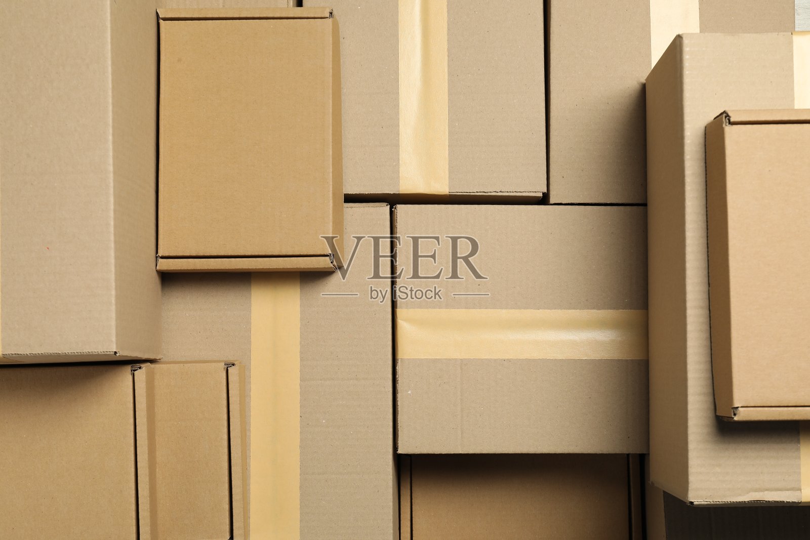 许多纸板箱作为背景，俯视图。包装货物照片摄影图片