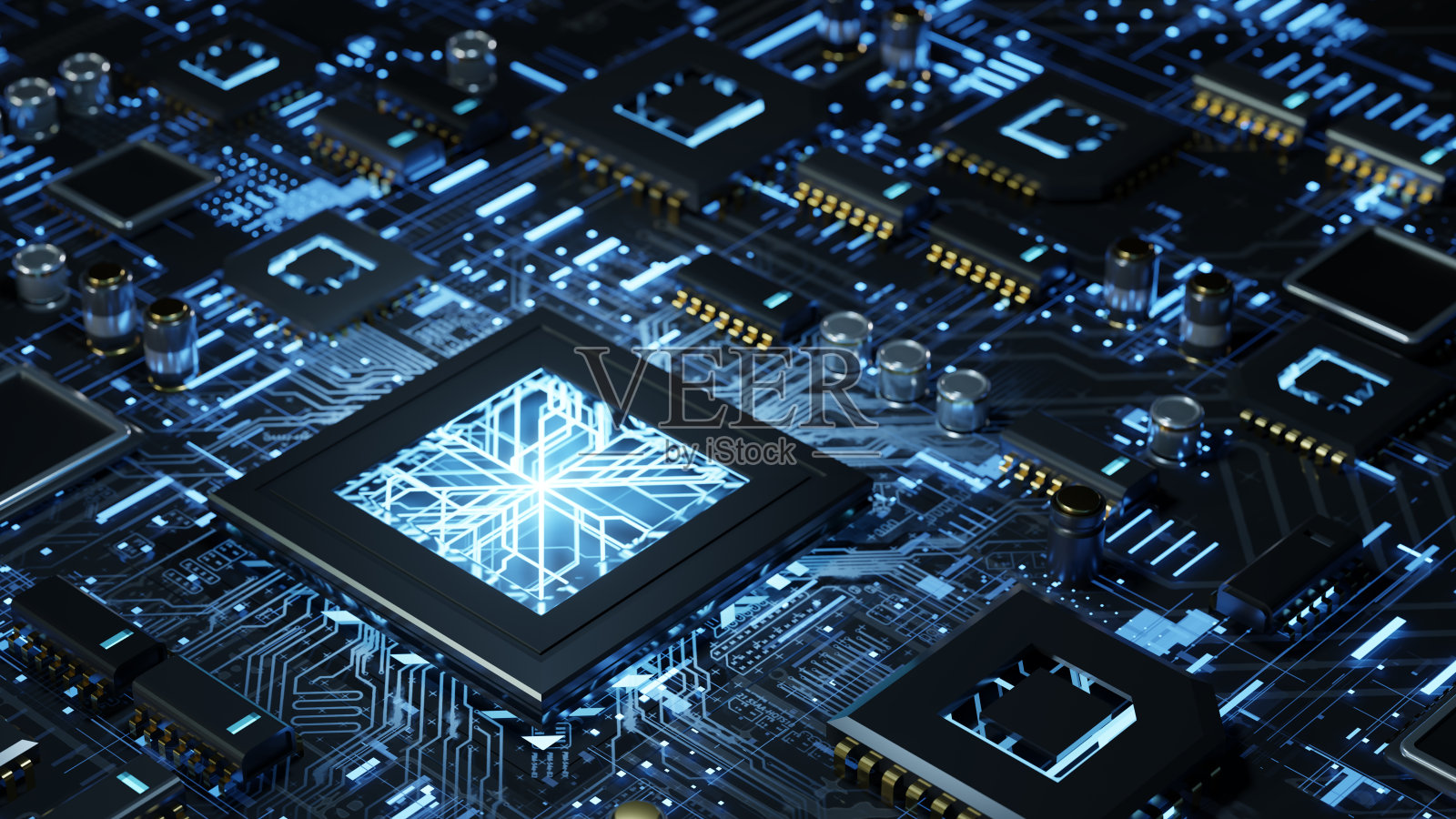 技术的概念。主处理器在一个抽象的电路板上，深色背景上有一个蓝色的led灯照片摄影图片